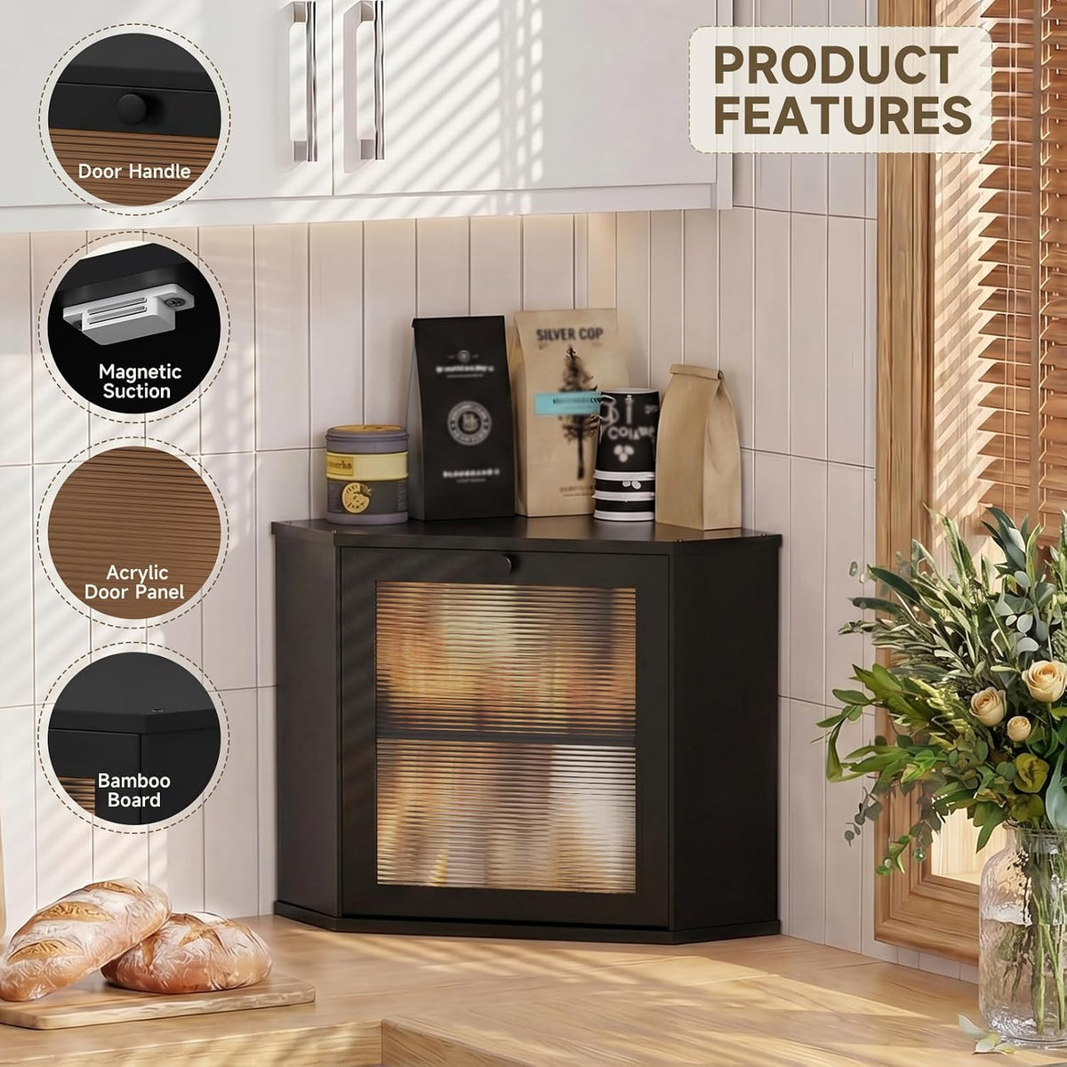 Bread Box for Kitchen Corner Countertop,Large Bread Basket (Black, Large) | Double Layer Bamboo Bread Storage Container