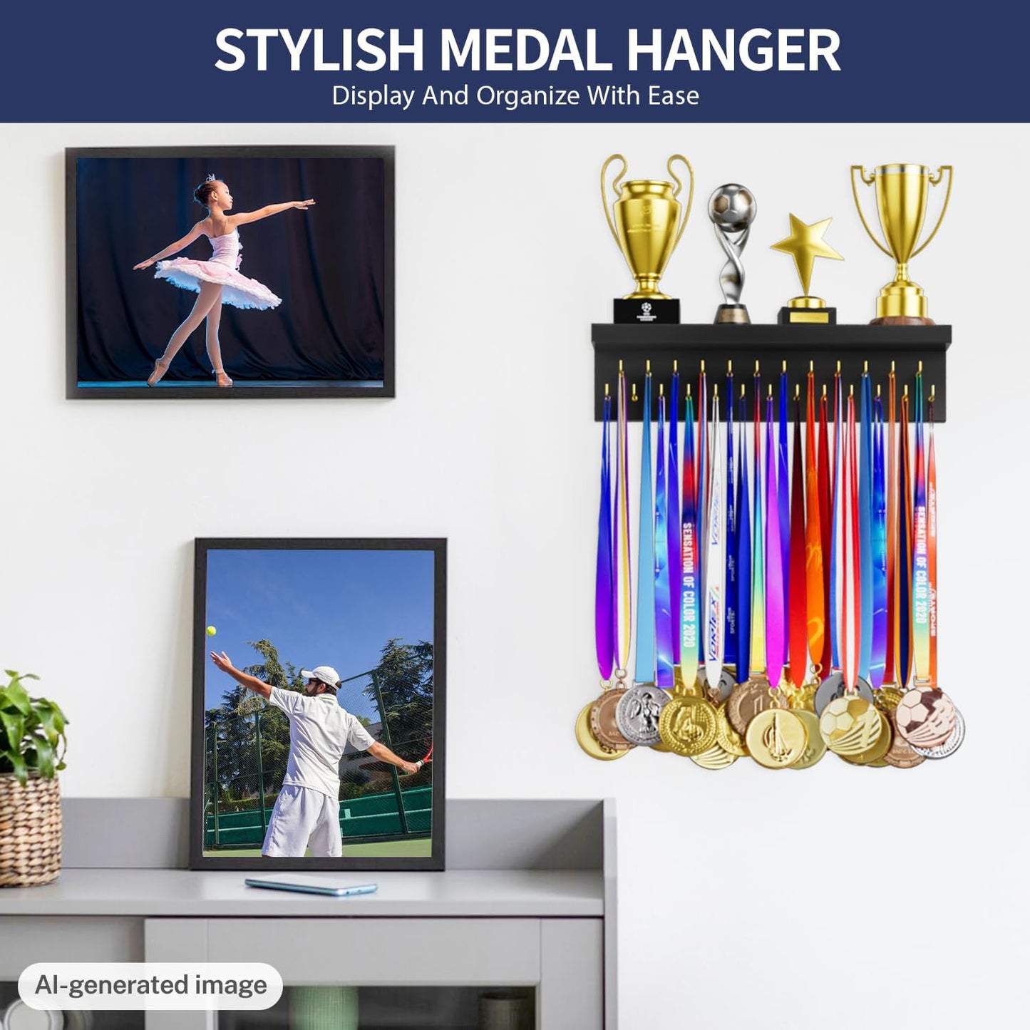 Medal Holder Display Trophy Shelf Organizer, Sturdy Wooden Race Award Hanger Rack with 25 Steel Hooks, Wall Mount