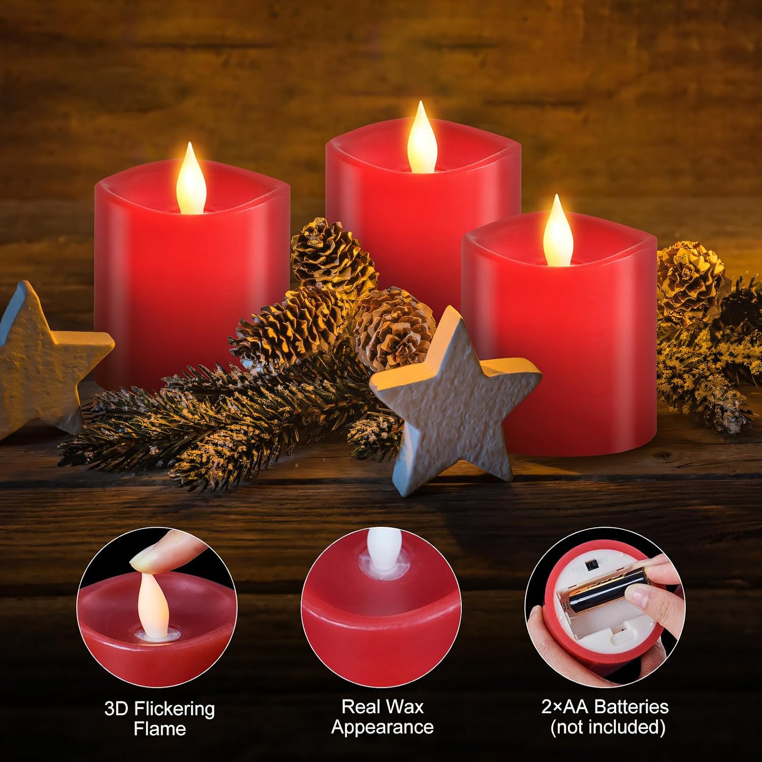 3x3 Flickering Flameless Candles Set of 3, LED Battery Candles,with Timer, 3 inch Flameless Candles with Remote, for