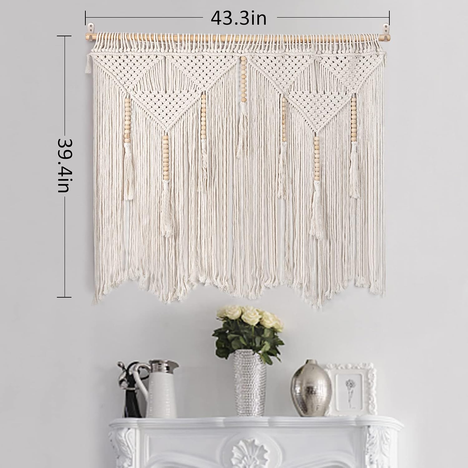 Large Macrame Wall Hanging " Boho Tapestry Woven Wall Decor- Cotton Tassel / Beige / 43.3 x 39.4