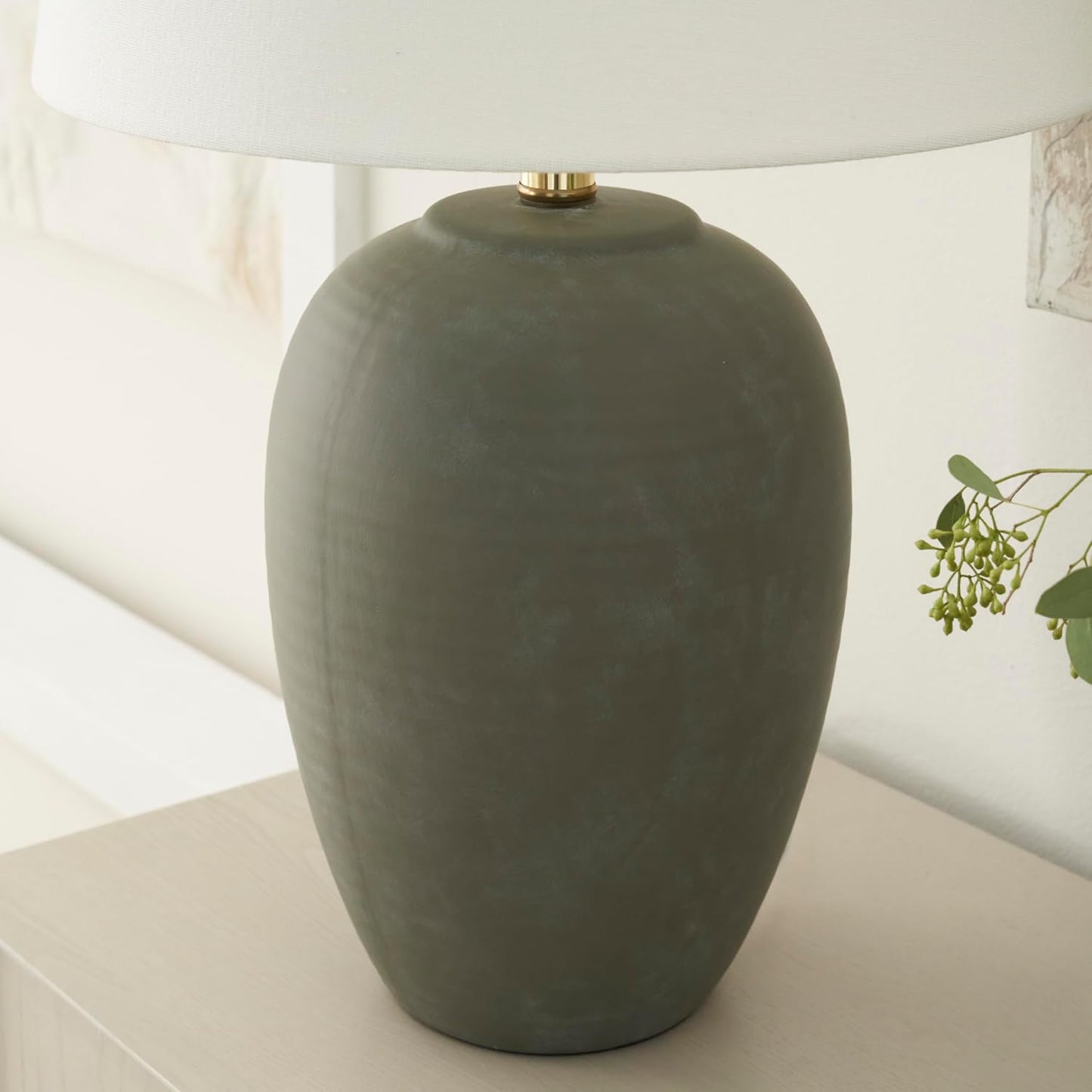 Nourison Home 23" Olive Green Ceramic Pot Table Lamp for Bedroom, Living Room, Dining Office, with White Tapered Drum