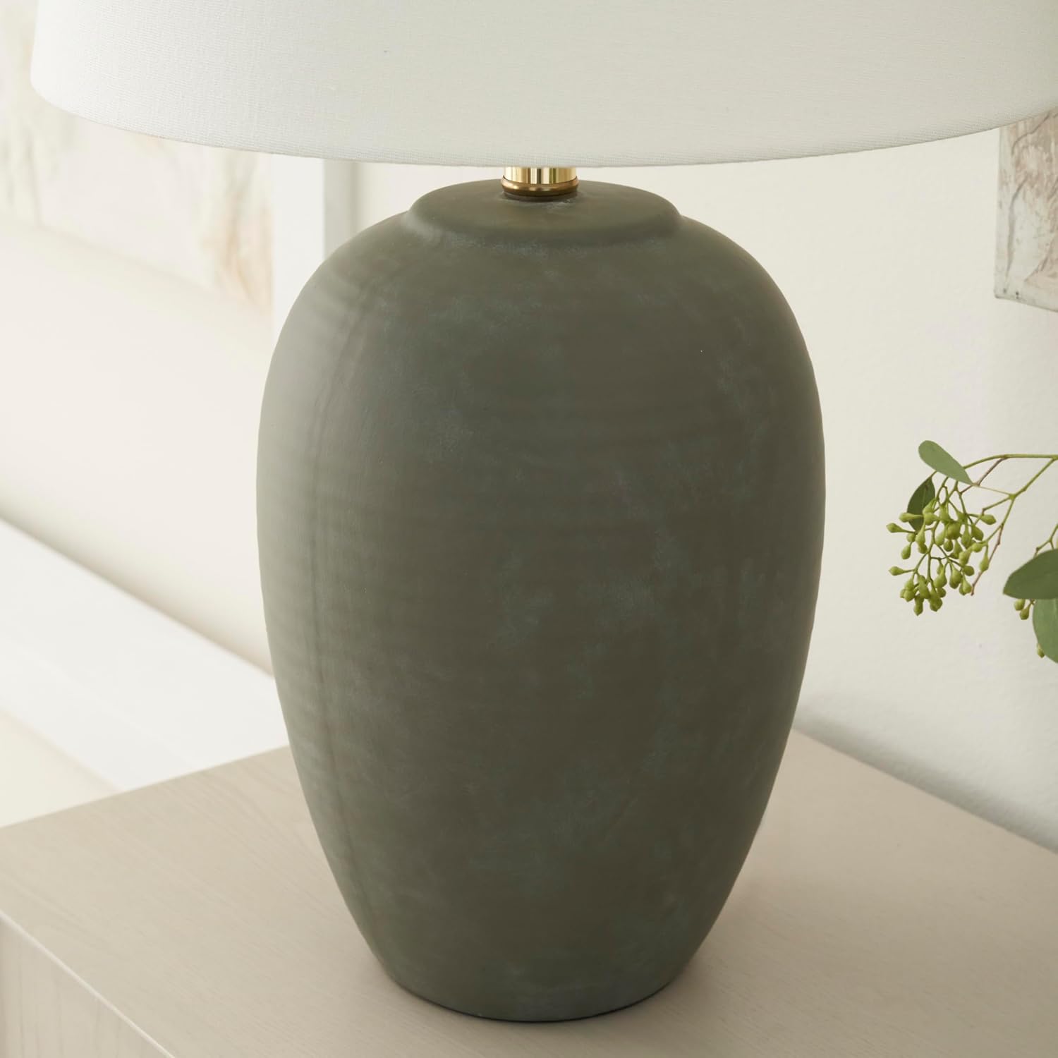 Nourison Home 23" Olive Green Ceramic Pot Table Lamp for Bedroom, Living Room, Dining Office, with White Tapered Drum