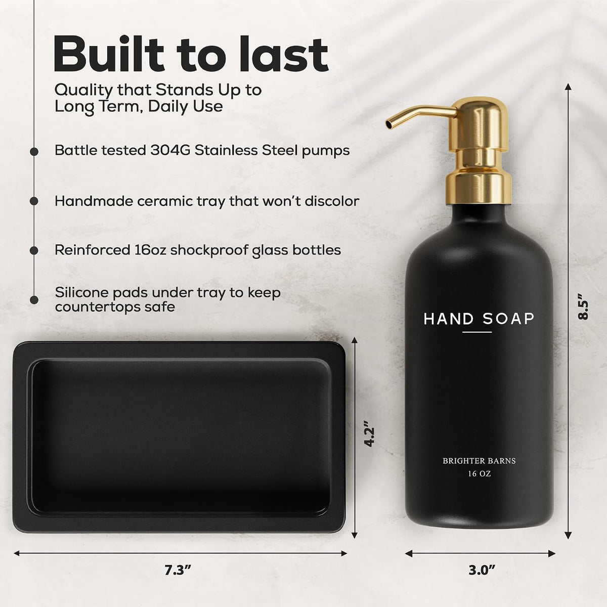 Luxury Glass Soap and Lotion Dispenser Set with Tray by Brighter Barns - Black and Gold Soap Dispenser Bathroom Set