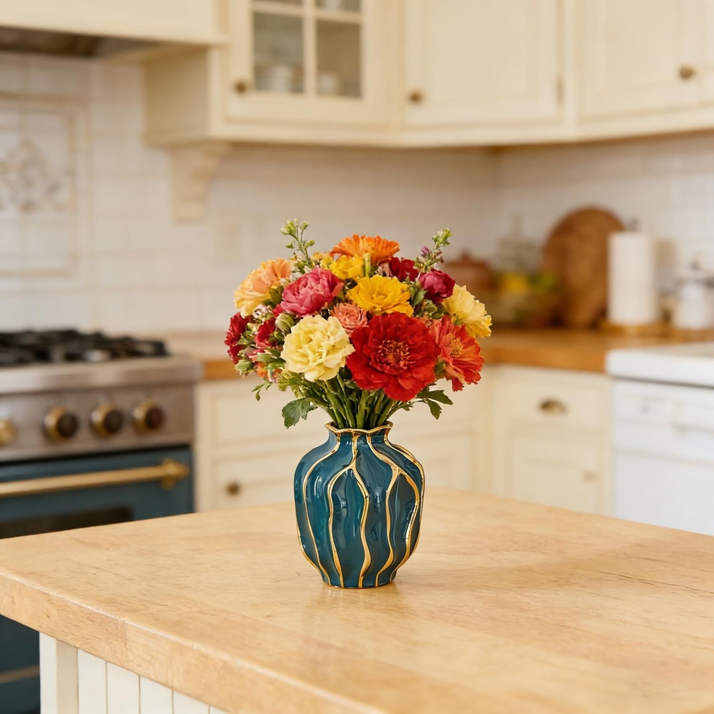 Decorative Ceramic Flower Vase / Peacock Blue-pomegranate-shaped