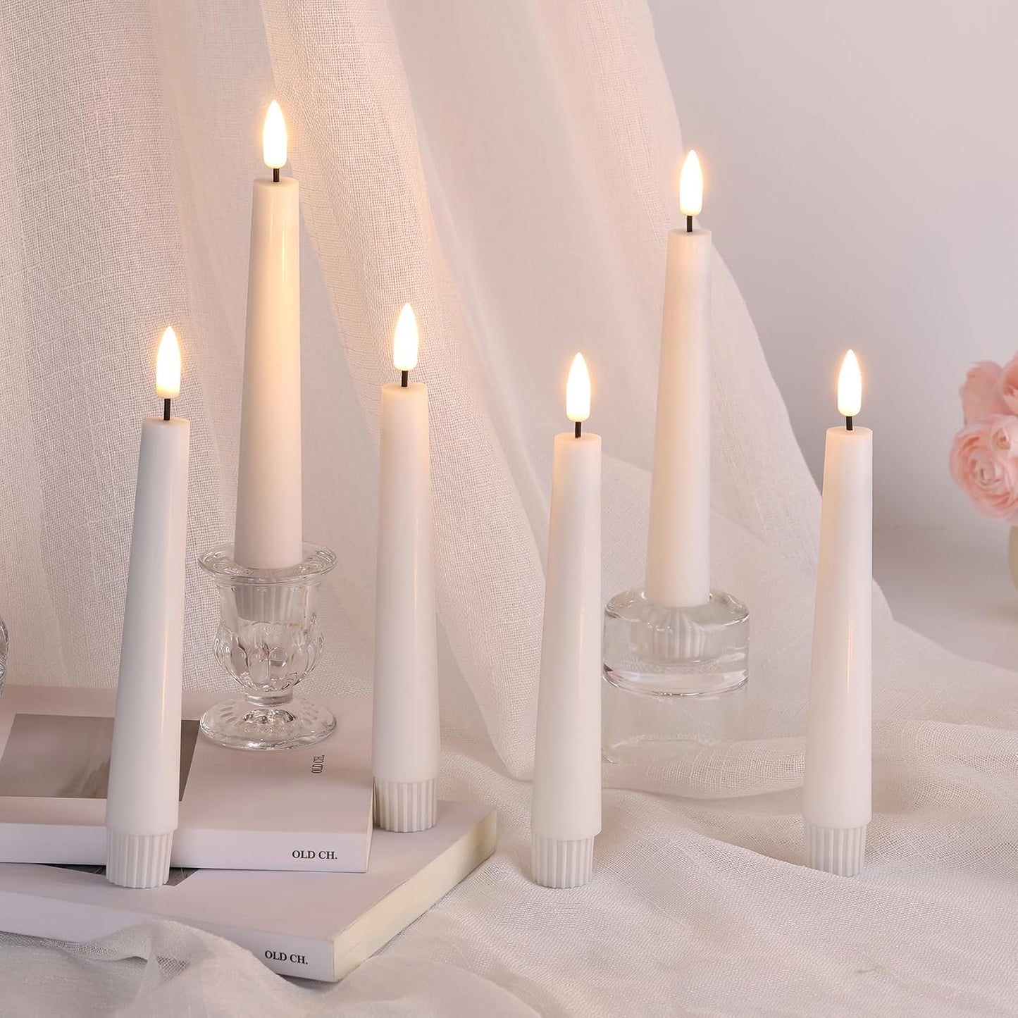 Short White Flameless Taper Candles with Remote Set of 6 | Flickering LED Candlesticks, Real Wax Coating, 2 AAA Battery