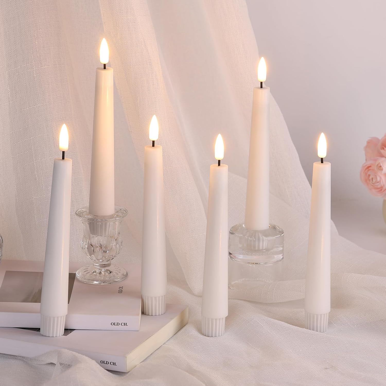 Short White Flameless Taper Candles with Remote Set of 6 | Flickering LED Candlesticks, Real Wax Coating, 2 AAA Battery