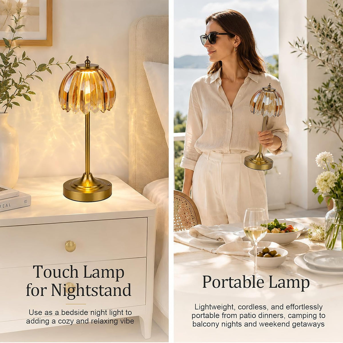 Rechargeable Cordless Table Lamp, 3 Color Temps & Stepless Dimming | 5200mAh Battery Glass Table Lamp, Touch Control &
