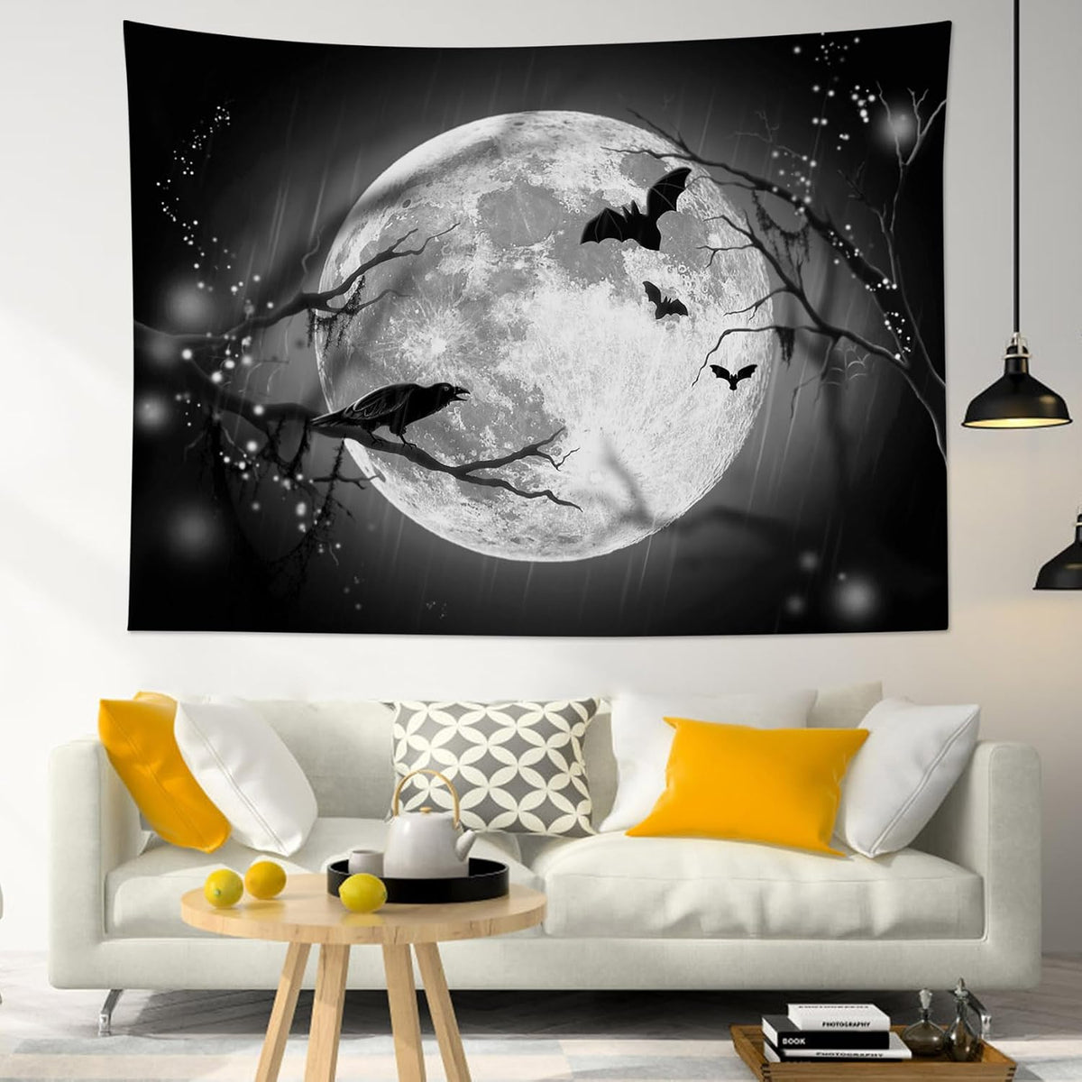 LB Halloween Full Moon Tapestry, Horror Black Crow with Bat on Grey and Black Night Sky Wall Tapestry for Bedroom, Creppy Bat Wall Hanging Tapestry Wall Art for Living Room Home Decor, 59 x 51 Inches