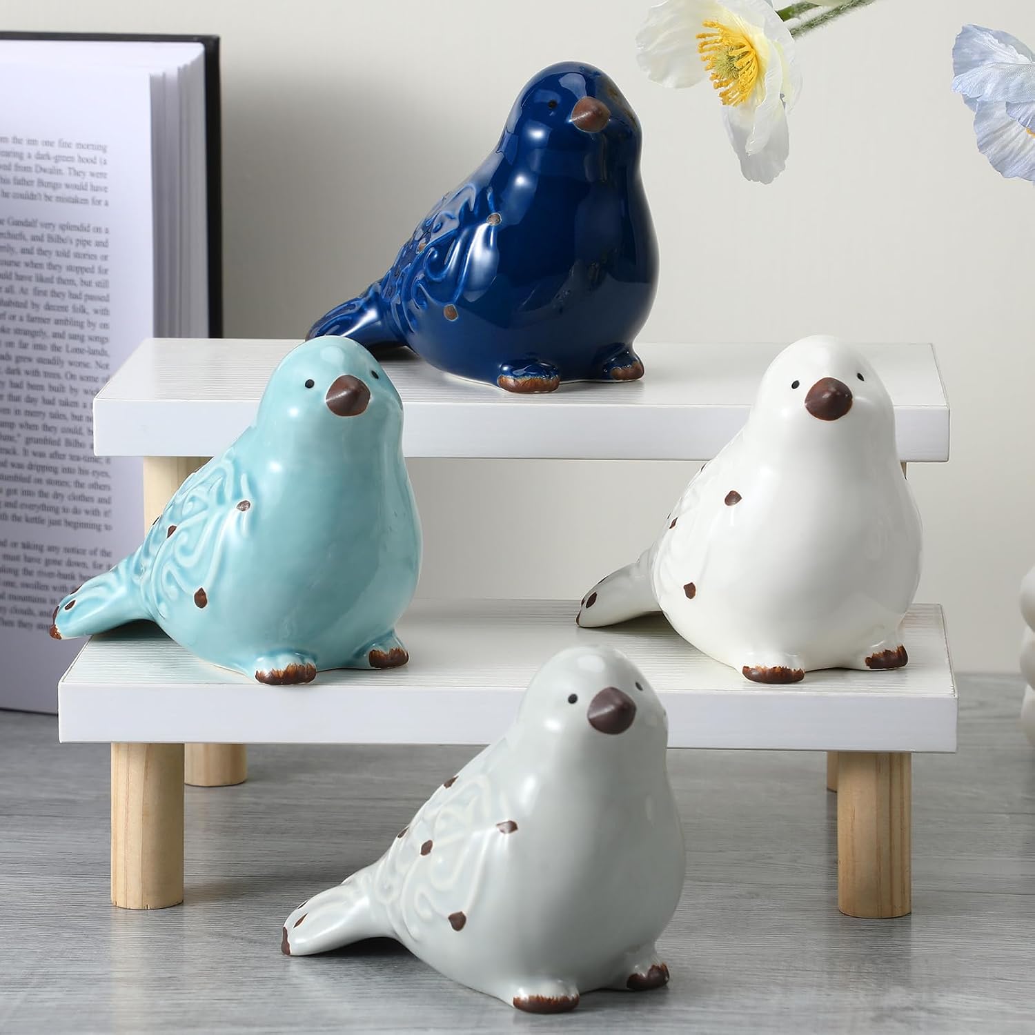 Distressed Finish Ceramic Birds Figurines Home Decor Christmas Bird Tabletop Figurine / Set of 4