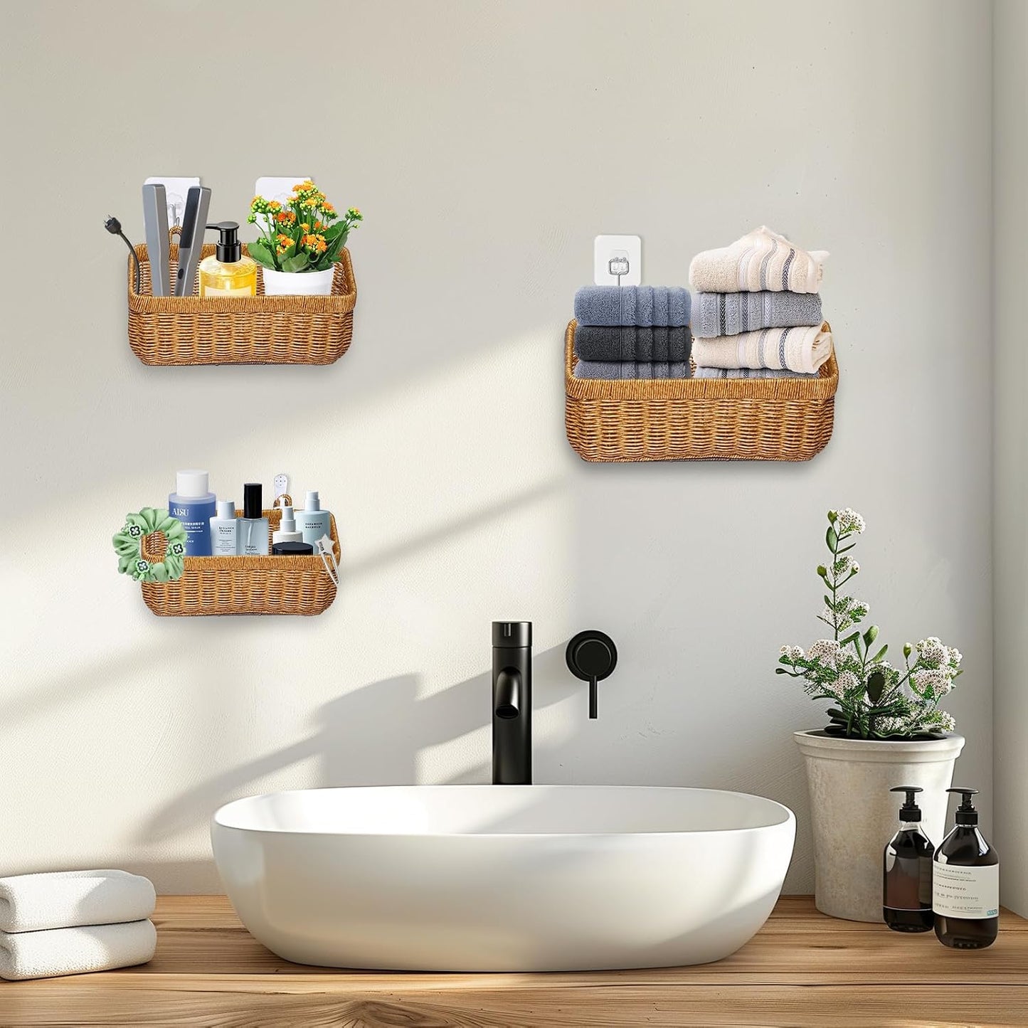 Wall Wicker Baskets Decor / Yellow / S+M+L