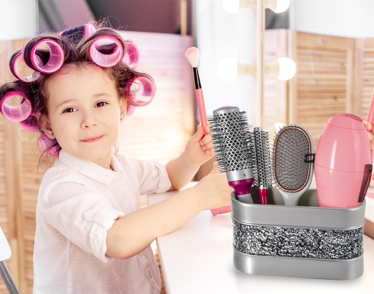 Creative Scents Crackled Glass Silver Toothbrush and Toothpaste Holder for Bathroom - Decorative Bathroom Counter