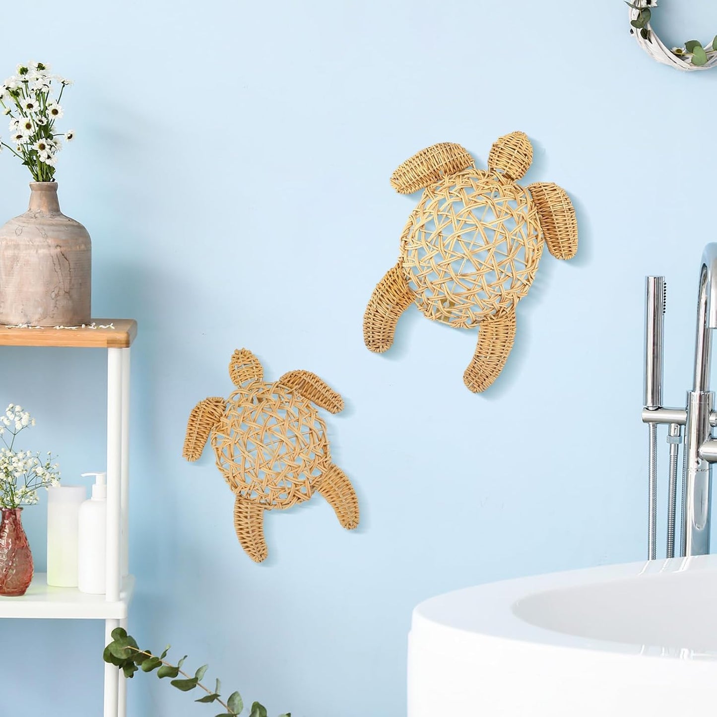 Semi Stereo Wicker Sea Turtle Wall Decor Coastal Beach Boho Handmade Wicker 2 Size Boho / Set of 2