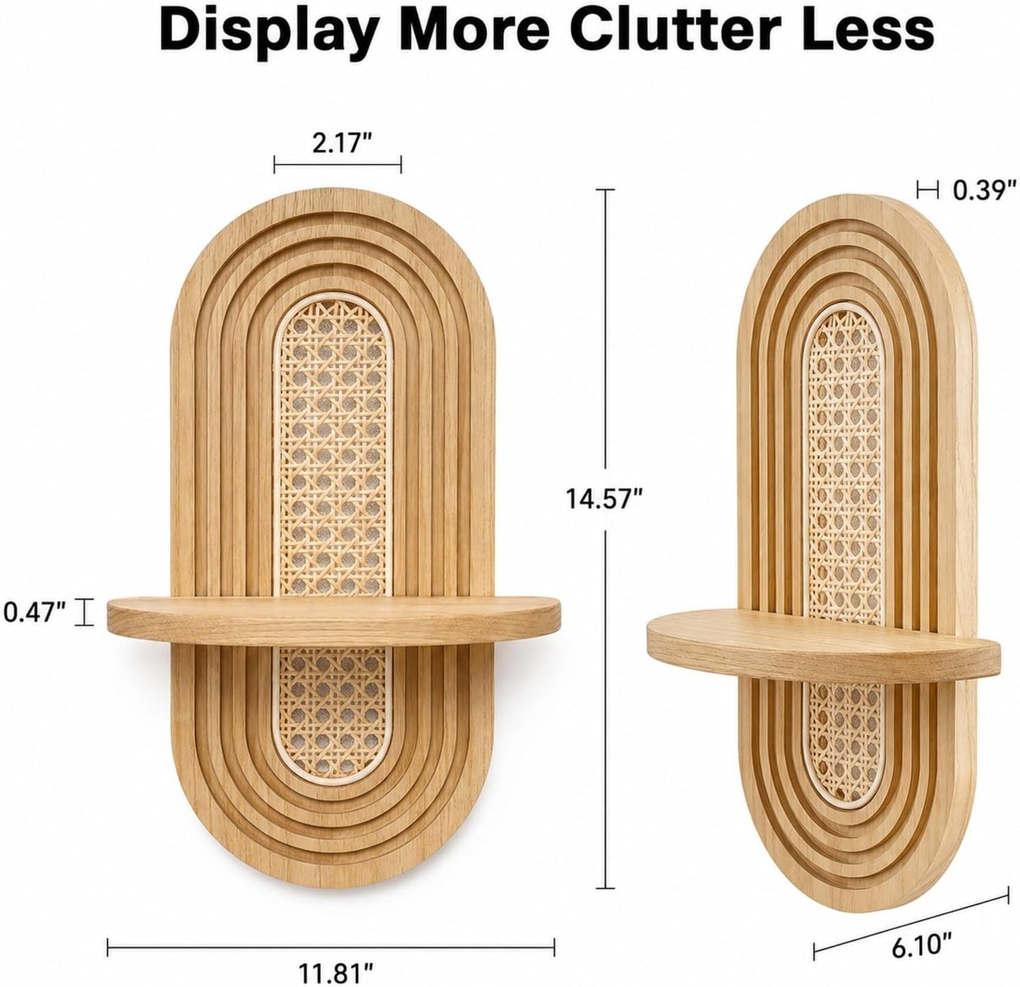 Boho rattan floating shelf displays plants / Wood Color