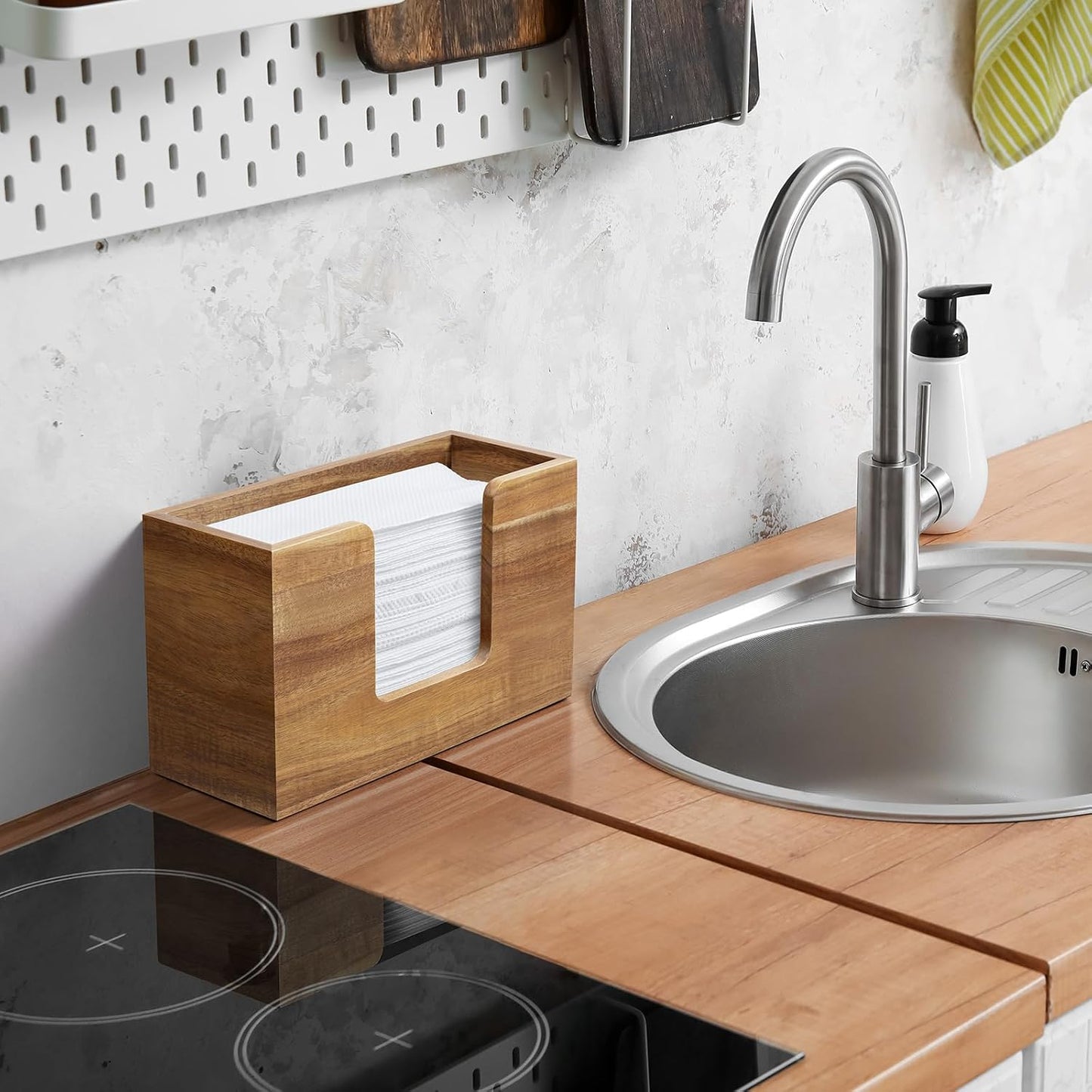 Paper Towel Dispenser Countertop, Acacia Wood Bathroom Paper Towel Holder, Napkin Holder for Kitchen, Multifold C-Fold