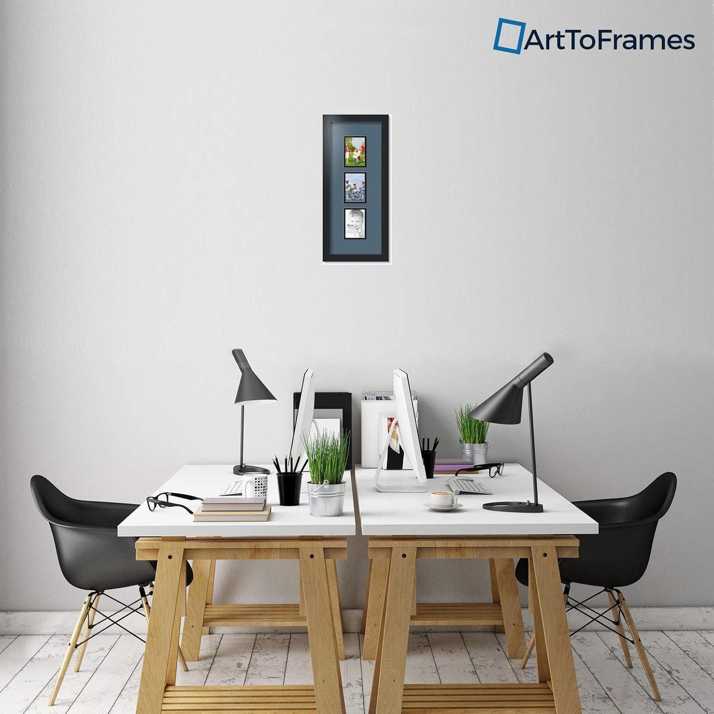 ArtToFrames Collage Photo Frame Double Mat with 3-3.5x5 Openings with Satin Black Frame and Dutch Blue mat.