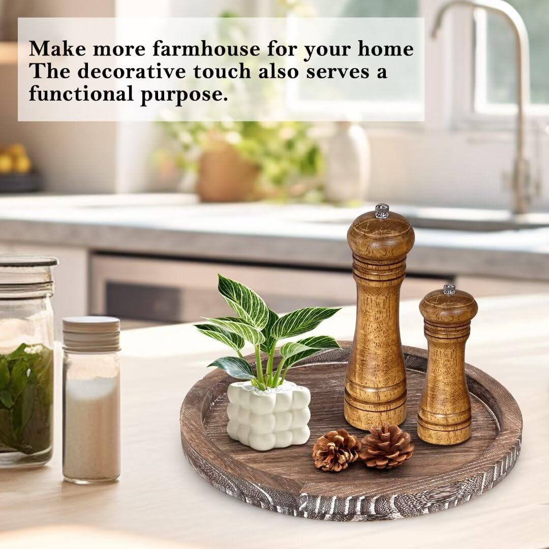 Round Decorative Wooden Serving Trays for Ottoman Coffee Table Tray / Washedwhite / Set of 12
