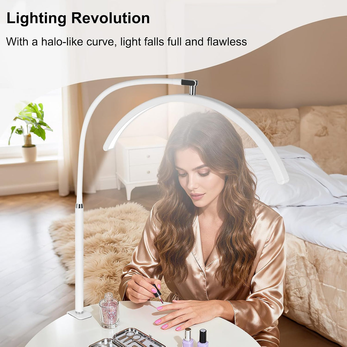 Professional Half Moon LED Desk Light for Nail Techs & Artists – Flexible Gooseneck Lamp with Clamp, 5 Color Modes & 5