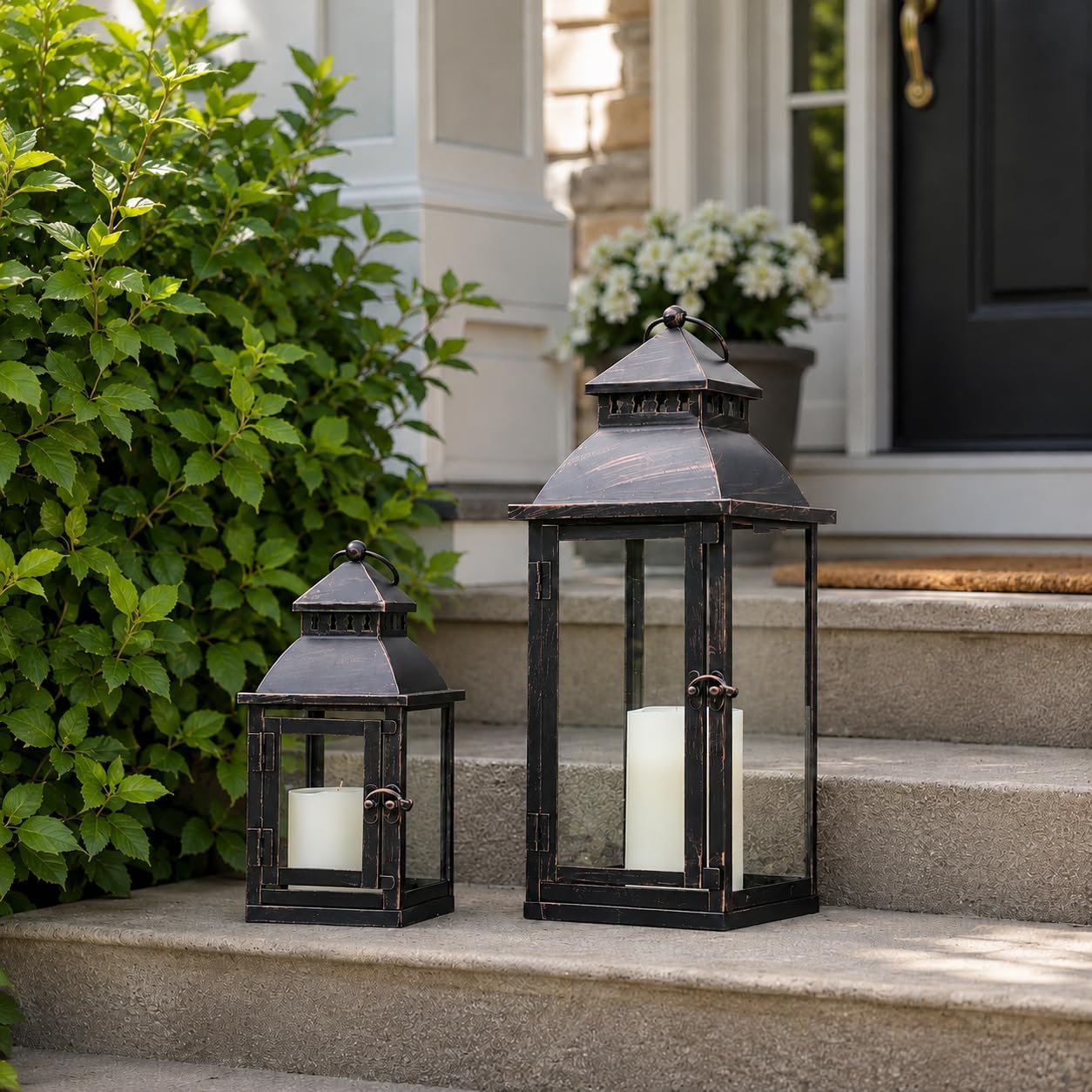 NEEDOMO Lanterns Decorative Outdoor&Indoor, Set of 2 Large Bronze Metal Lantern Decor with Glass, Candle Holder for