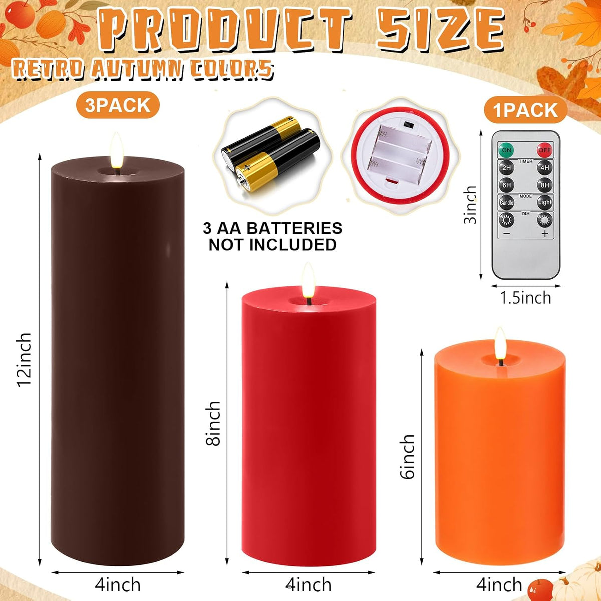 3 Pcs Fall 6/8/12 Inches Flameless LED Candles with Remote and 2/4/8h Timer Red Orange Brown Battery Operated Wax
