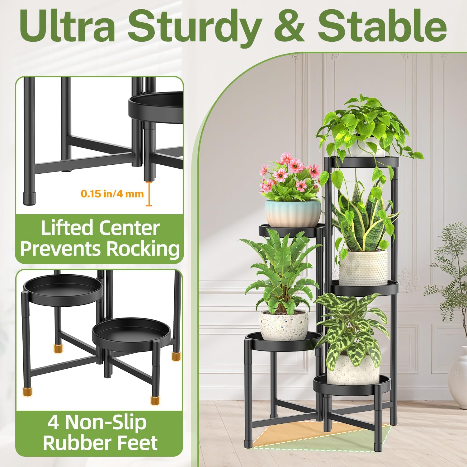 iDavosic.ly Plant Stand Indoor Outdoor, 5 Tier Metal Corner Shelf, Black | Tiered Flower Display Holder, Folding Multi