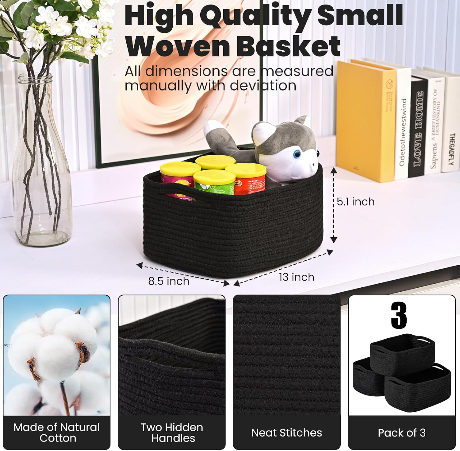 Small Woven Cotton Rope Basket for Storage / 13 x 8.5 x 5.1 / Black