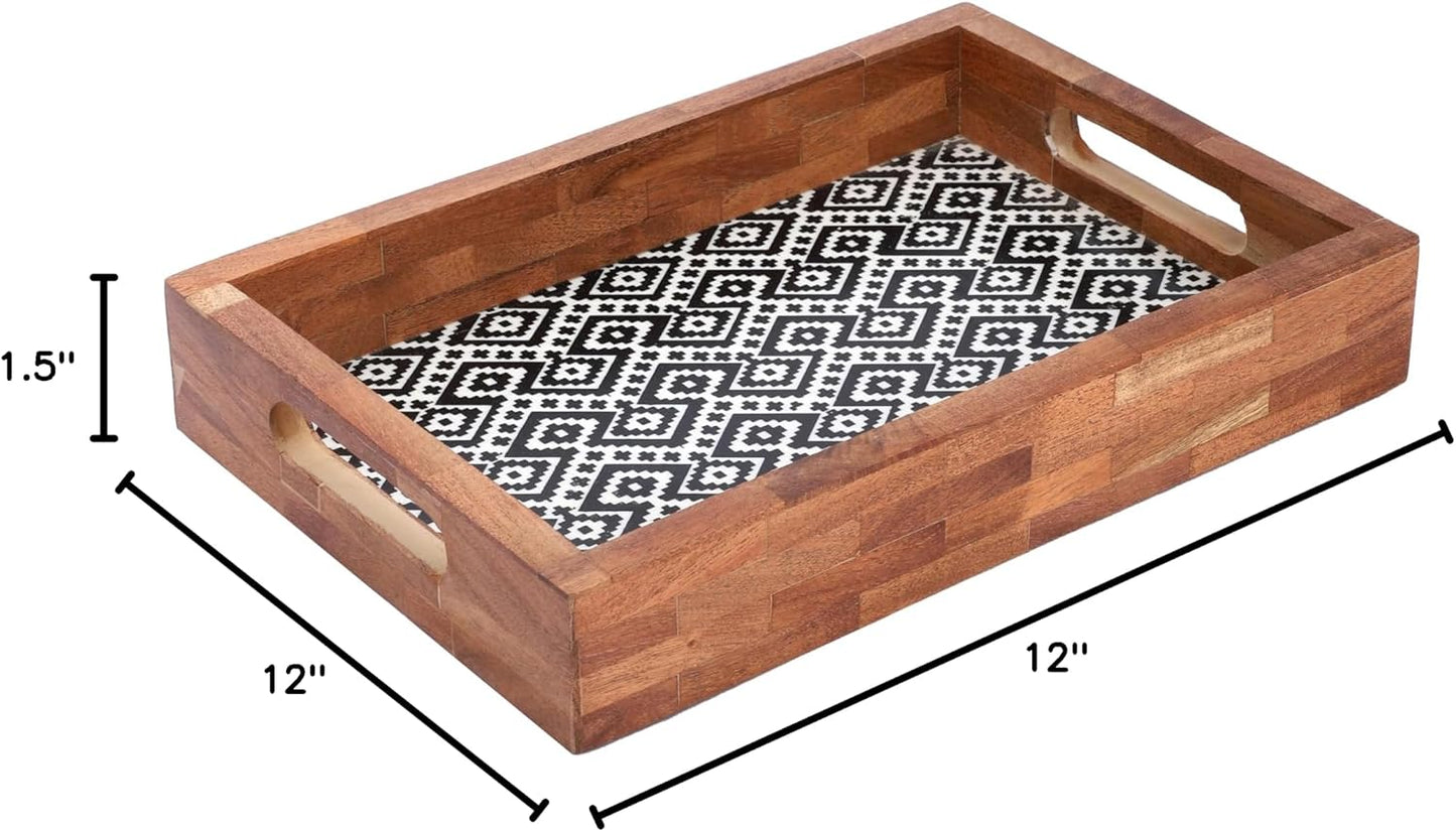 Wooden Round Serving Tray / Black and White Geometric / 12 x 12 / Set of 12