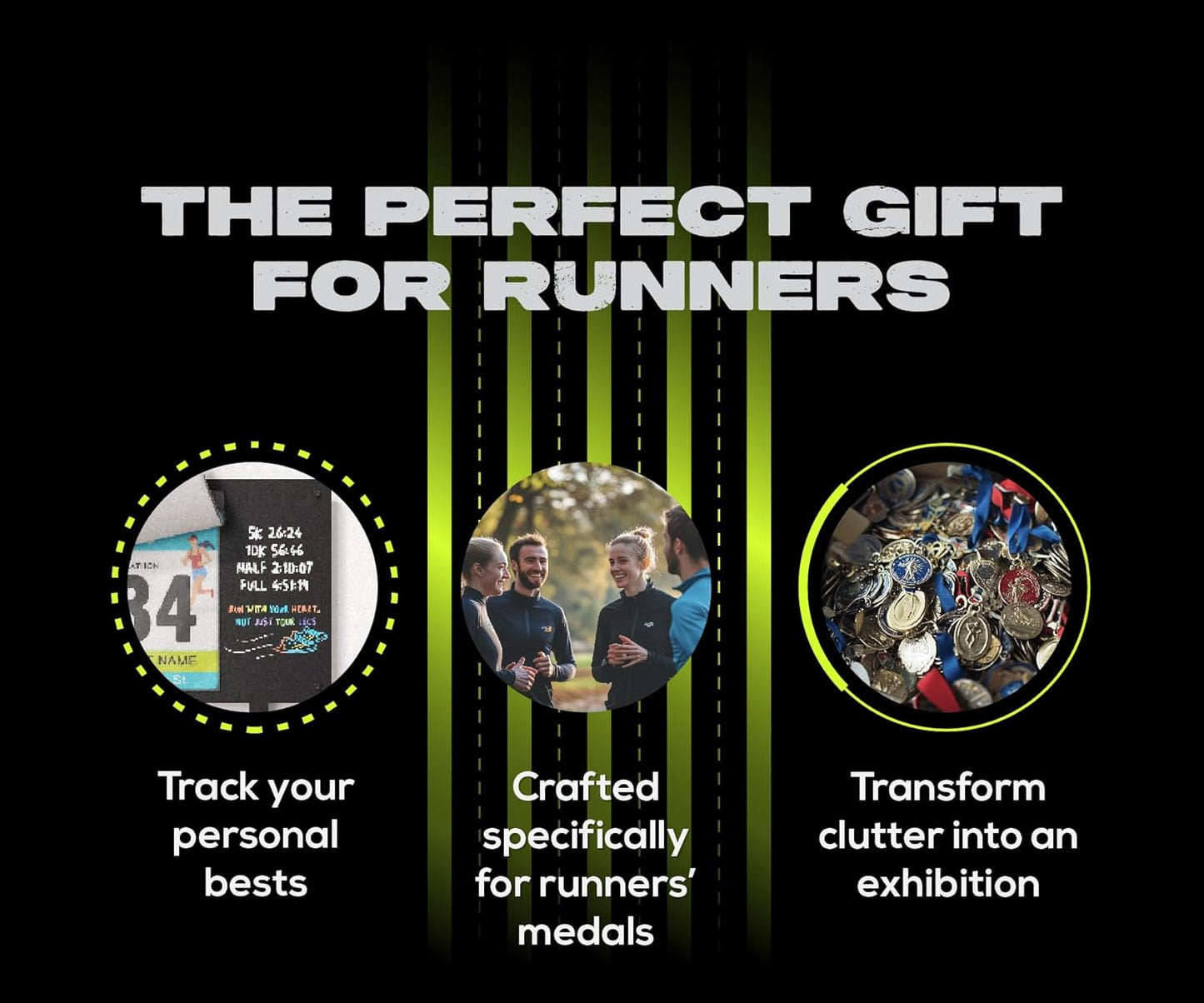 Marathon Medal Display and Race Bib Holder for Runners, Metal Wall Hanger | Holds 50 medals, 40 bibs on a sleek metal