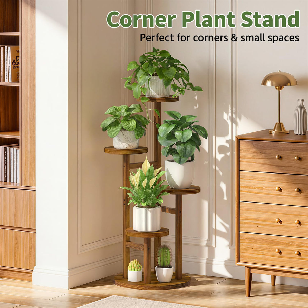 LASZOLA Wood Small Plant Stand Table Tall for Indoor Corner, 4 Tier Brown | Flower Pot Holder Rack for Multiple Plants