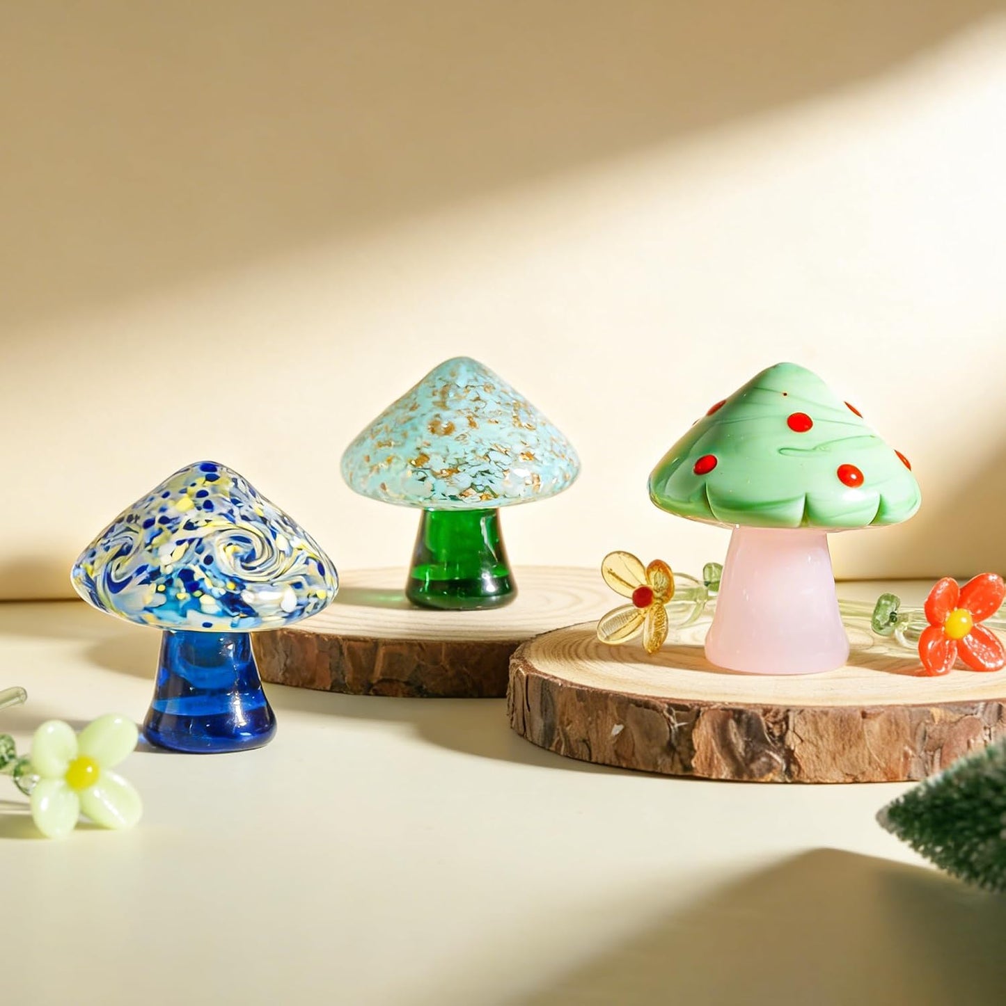 Blown Glass Mushrooms Figurines Miniatures Mushrooms for Fairy Garden / Style 3 / Set of 4