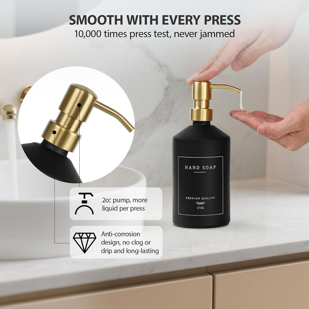 Black Glass Kitchen Hand and Dish Soap Dispenser Set, Bathroom Soap Dispenser Set with Tray and Stainless Steel Pump