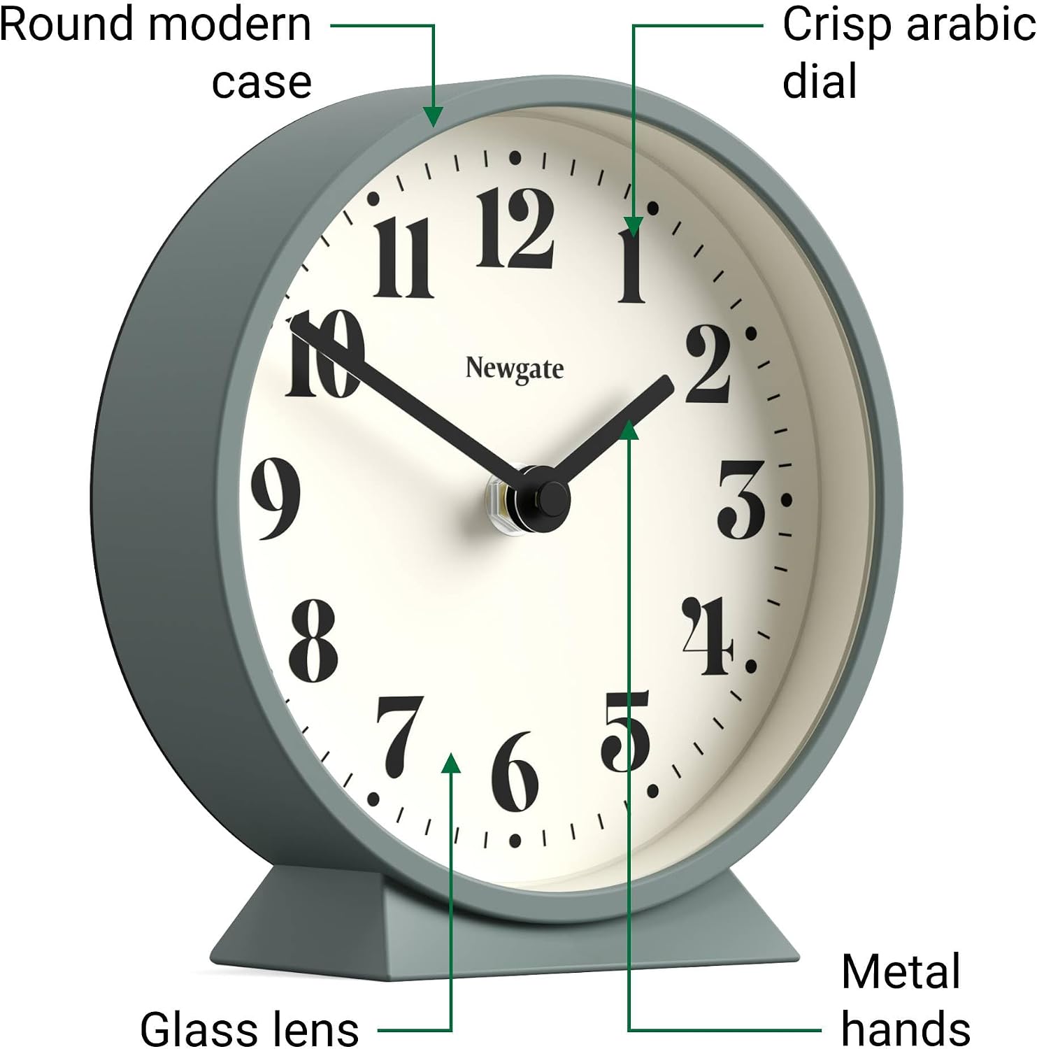 NEWGATE® Theatre Mantel Clock | Modern Classic Round Design | Asparagus Green | Contemporary Style for Desk, Table