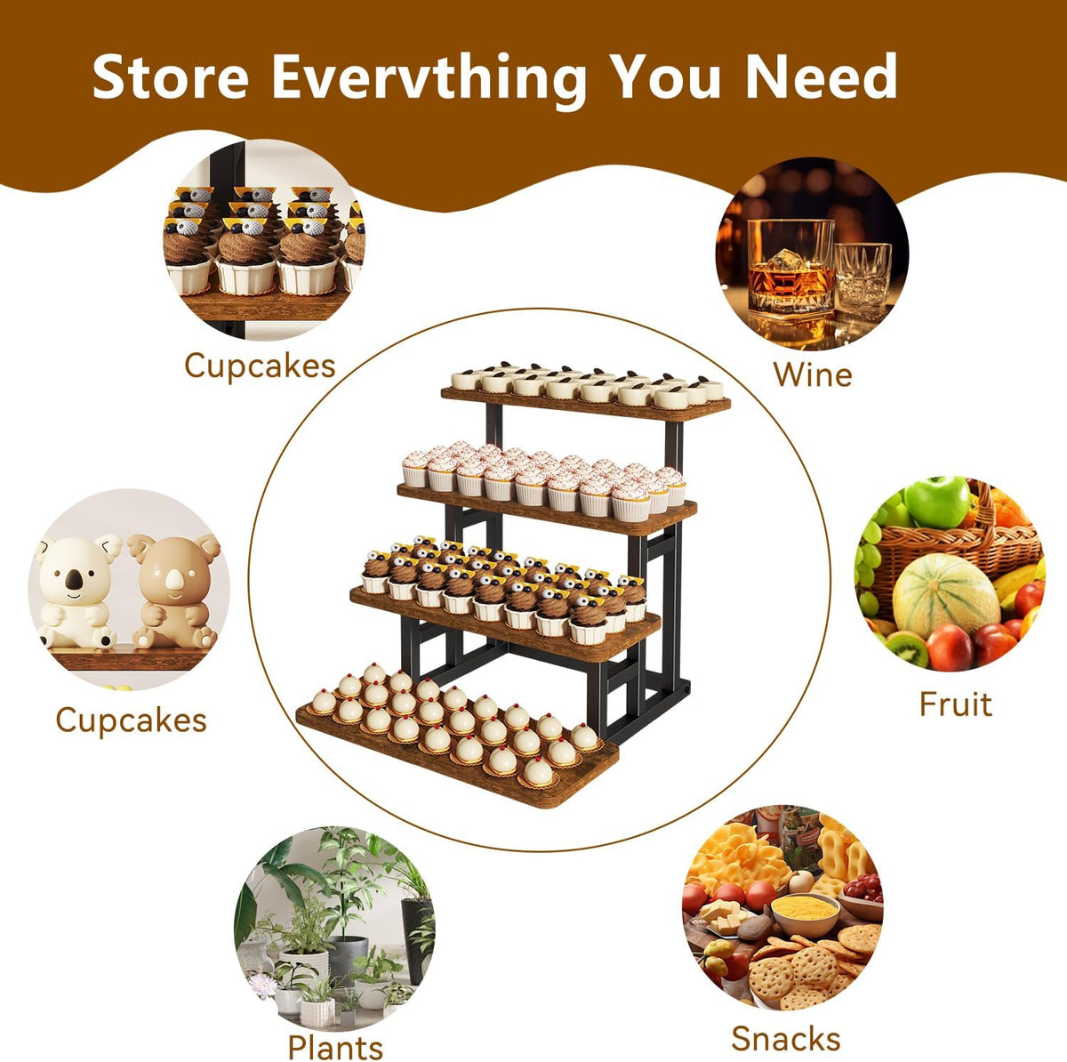 IBUYKE 4 Tier Cupcake Stand,Tiered Display Stand,Brown TLJ018H | Wooden Risers Display Stands for food Dessert Table
