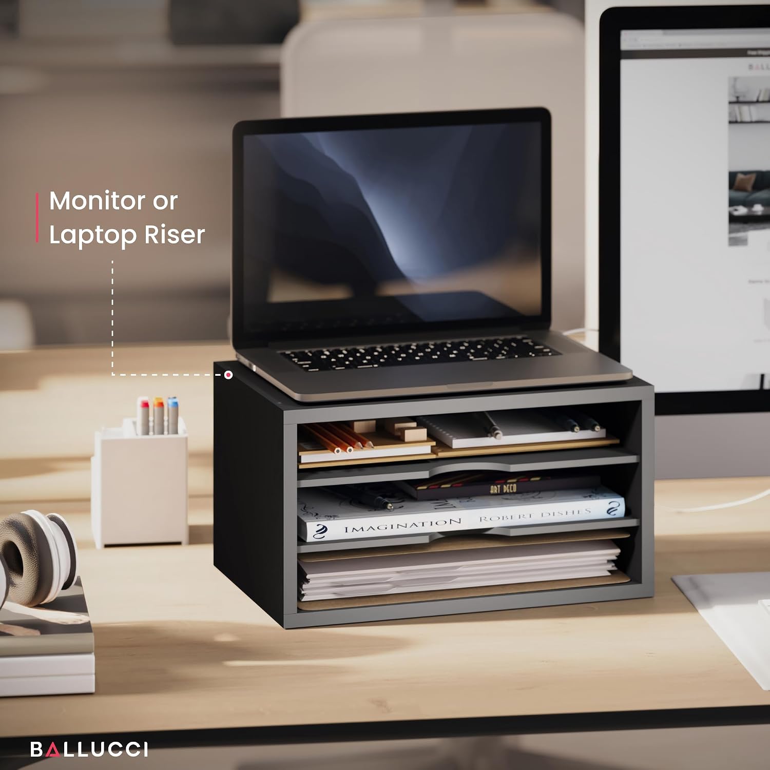 Ballucci File Organizer, 3-Tier Document Paper Sorter, Stackable Wood Desk Organizer, Mail Sorter and Monitor Stand