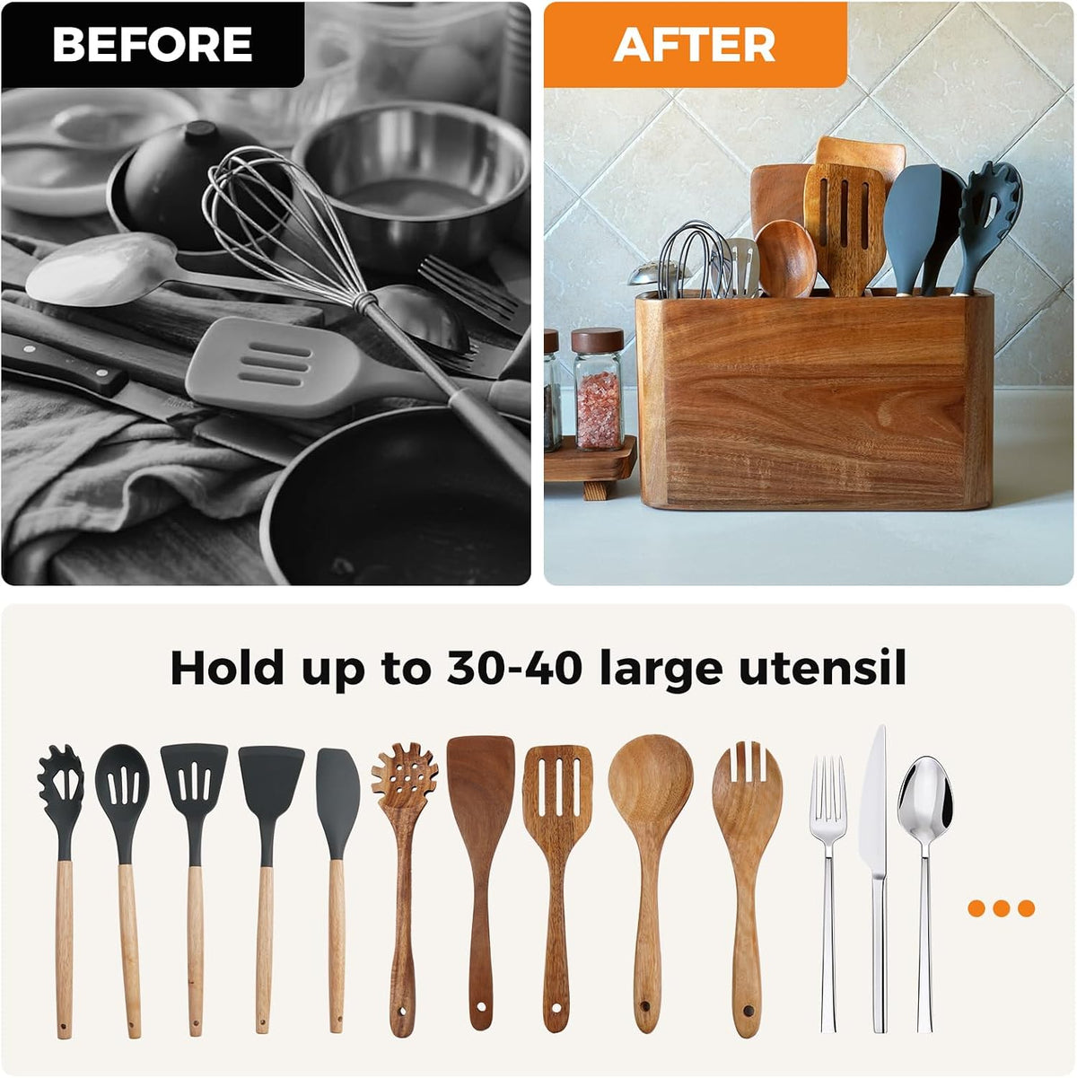 Large Acacia Wood Utensil Holder with 3 Compartments for Kitchen Counter, Extra Large Farmhouse Wooden Utensil