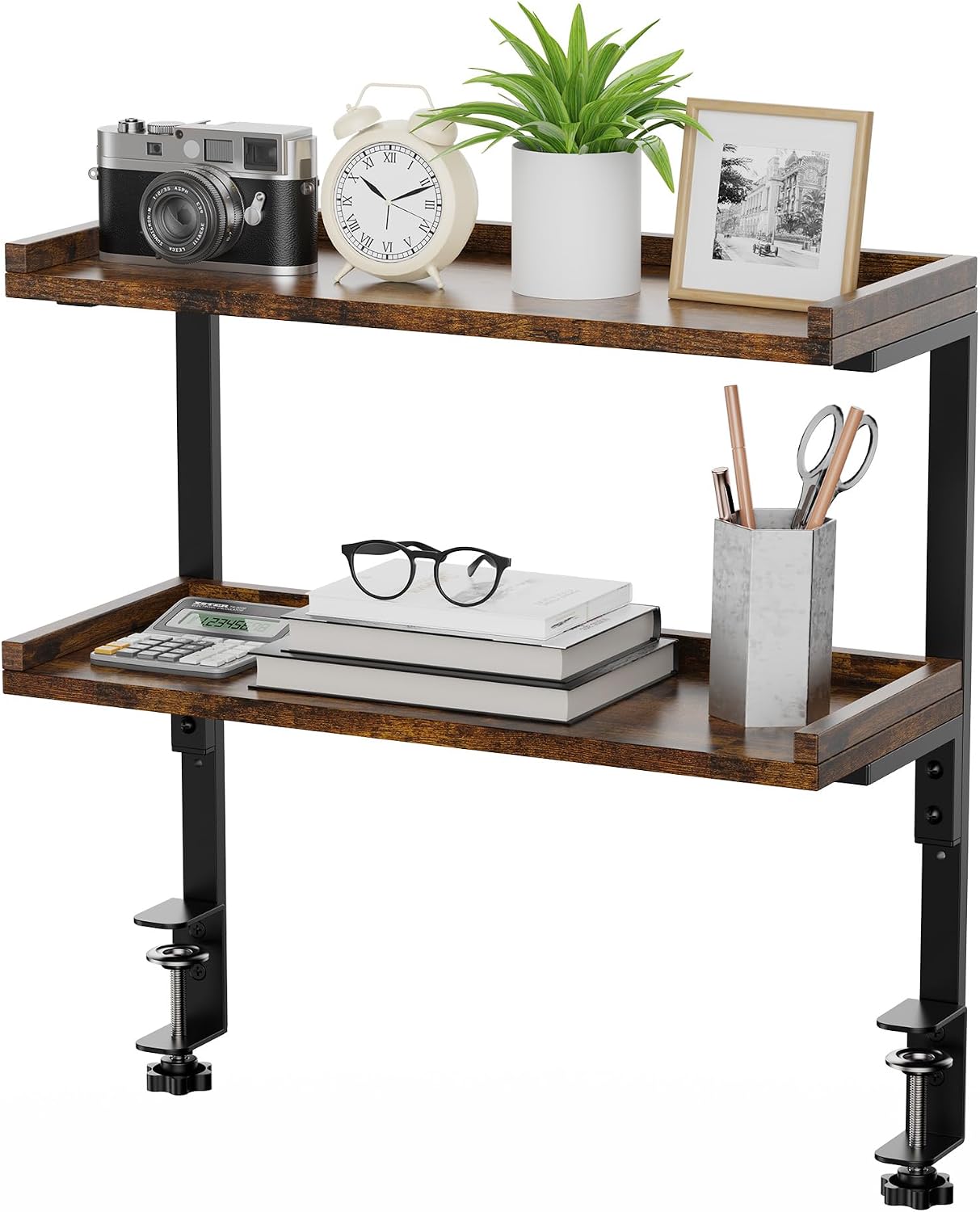Clamp On Desk Shelf 2-Tier, 16.5 in Wood Shelving Unit for Office Desk/Gaming Accessories, Tabletop Book Storage Rack