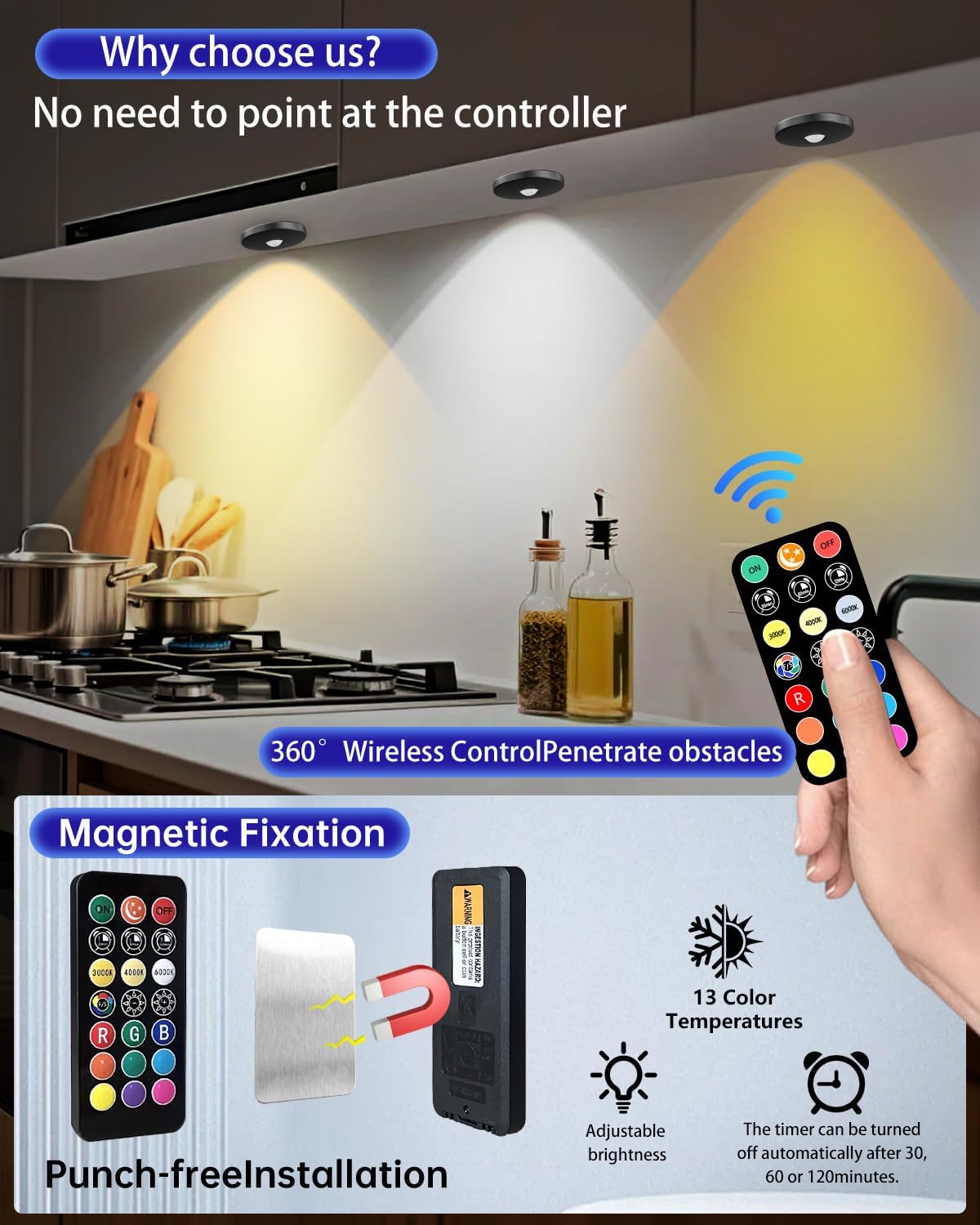 Puck Lights with Remote Control, 2000mAh Rechargeable Cabinet Light, Under Counter Tap Light Wireless, Display Cabinet