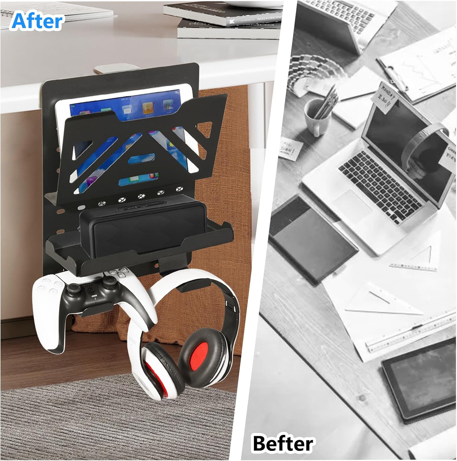 MAXECHO Desk Side Storage Holder, Metal Pegboard, Above or Under Desk Laptop Mount, Table Side Hanging File Organizer