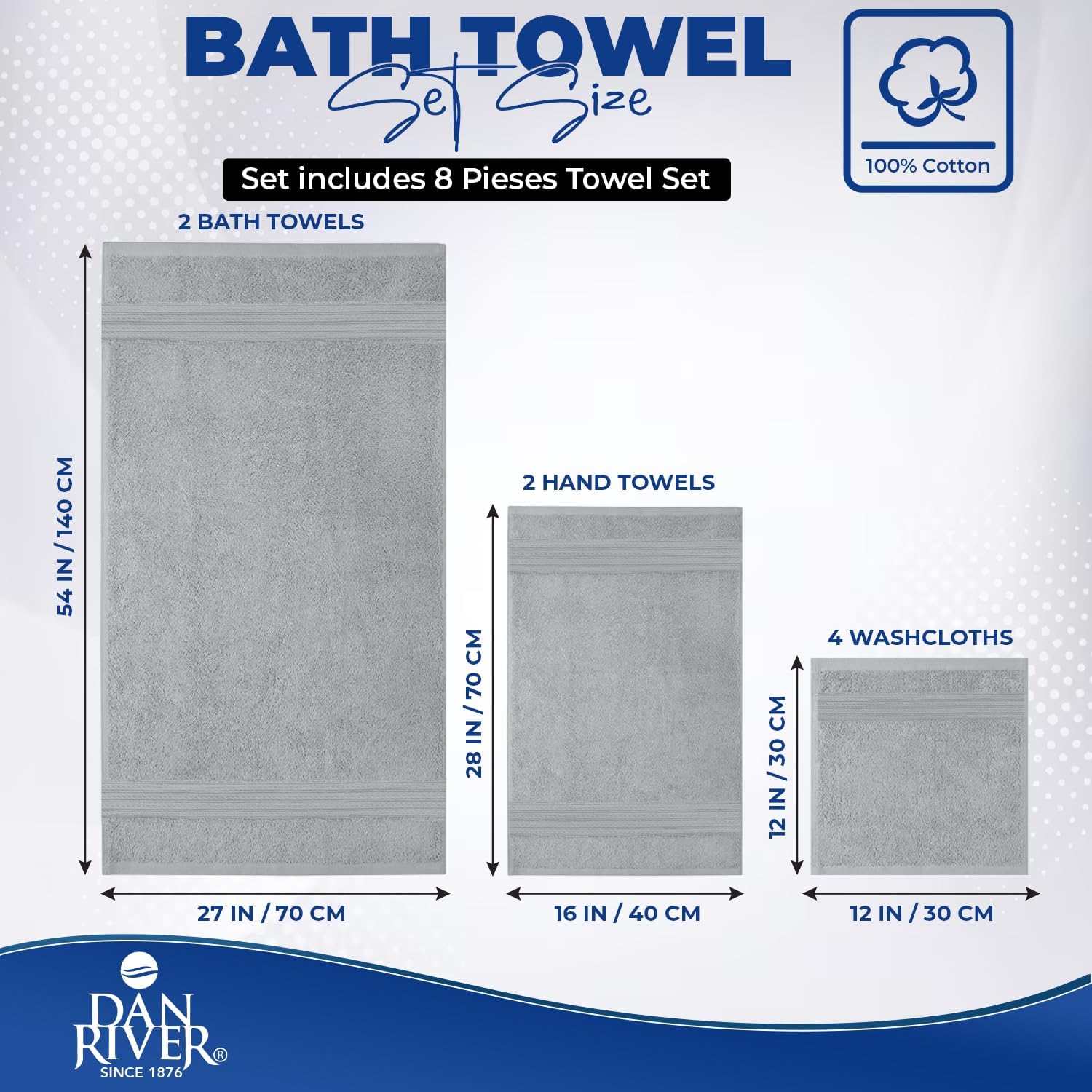 DAN RIVER 8 Piece Luxury Bath Towels for Bathroom, Towel Set, Silver | 2 Bath towels, 2 Hand towels, and 4 Wash Cloths