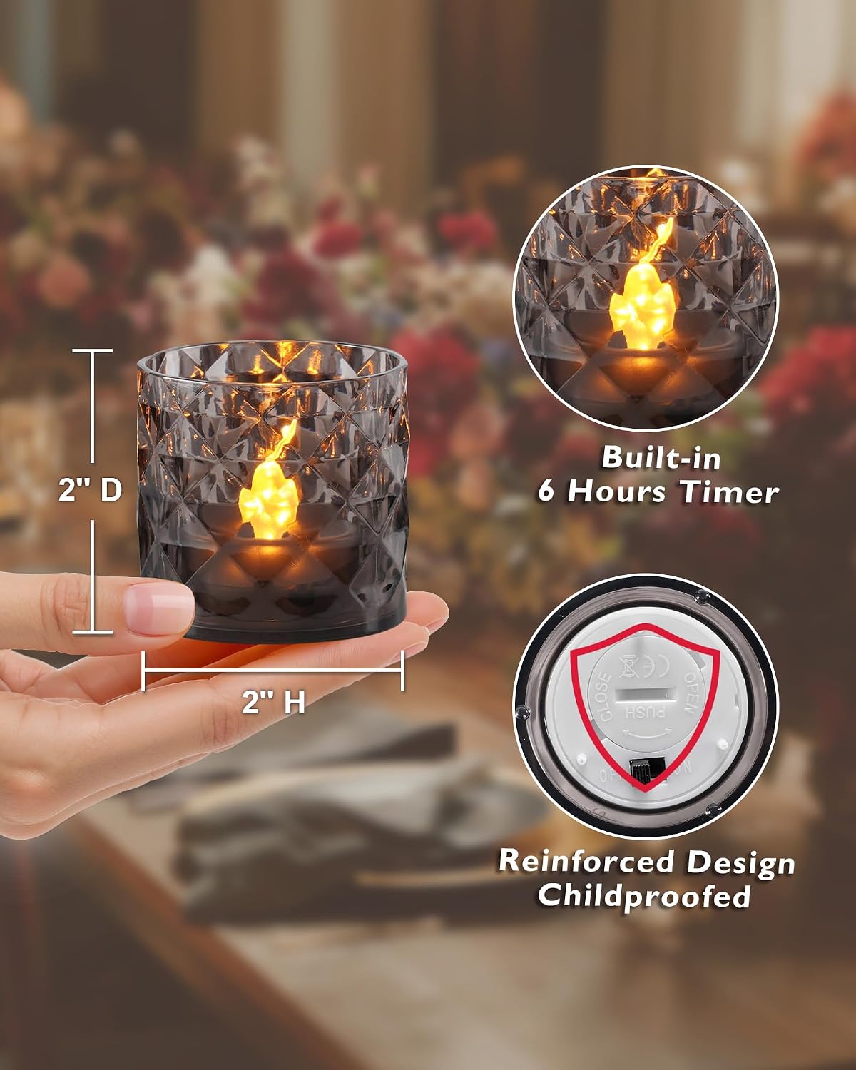 Homemory 2" Gray Acrylic Votive Candle & Holders with Auto Timer, 12 Pack | 6h auto timer, flicker Warm White glow