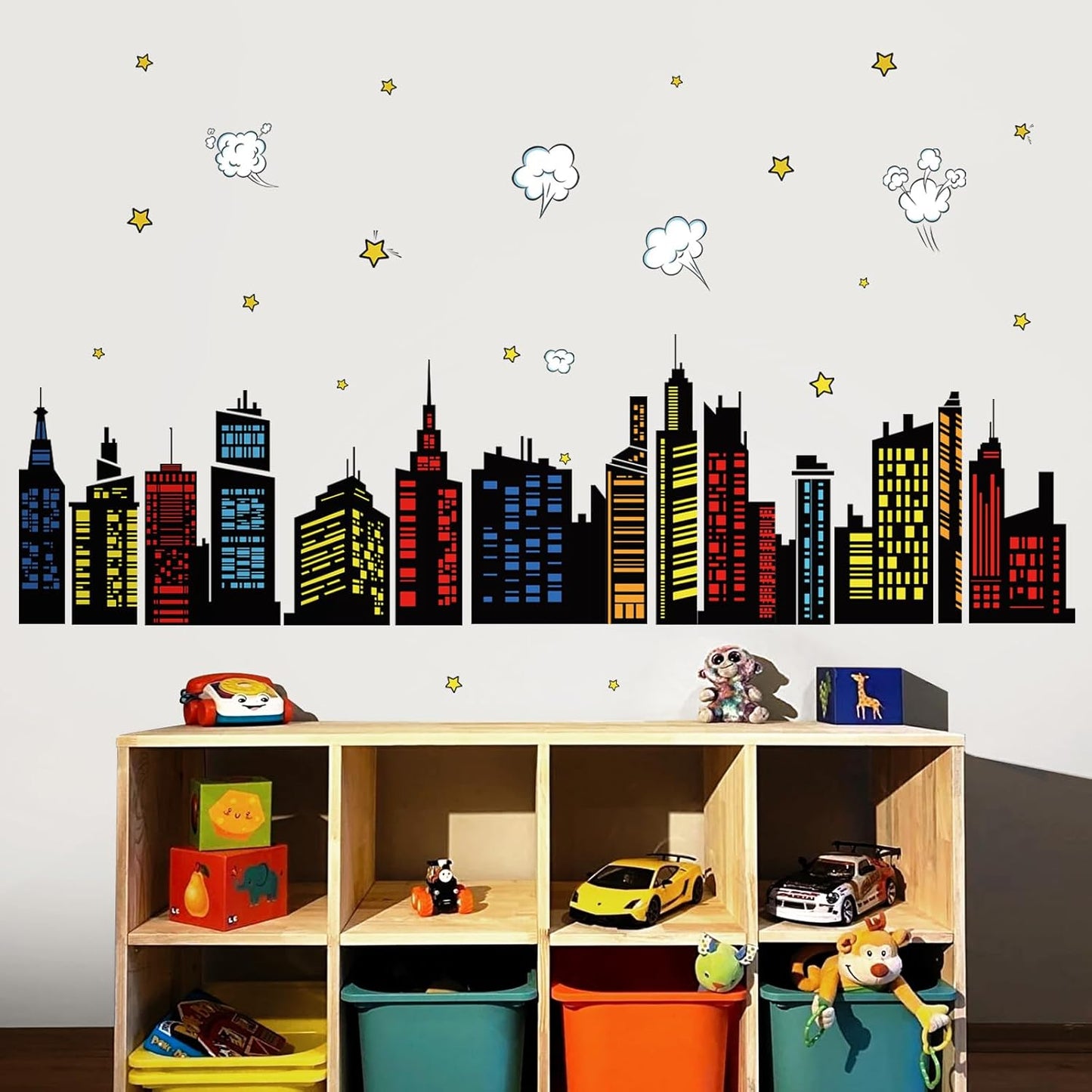 Colorful City Skyline Wall Decals Hero City Building Stars Wall Stickers Bedroom Playroom Toddler