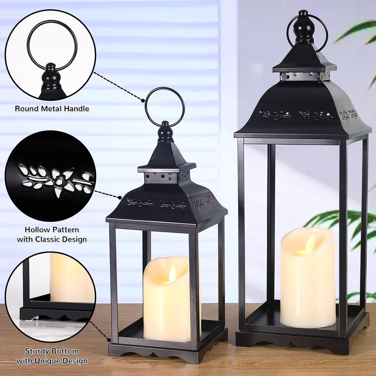 Decorative Candle Lanterns Set of 2, Black Metal for Indoor & Outdoor | Ideal For Porch, Entryway, Wedding & Christmas