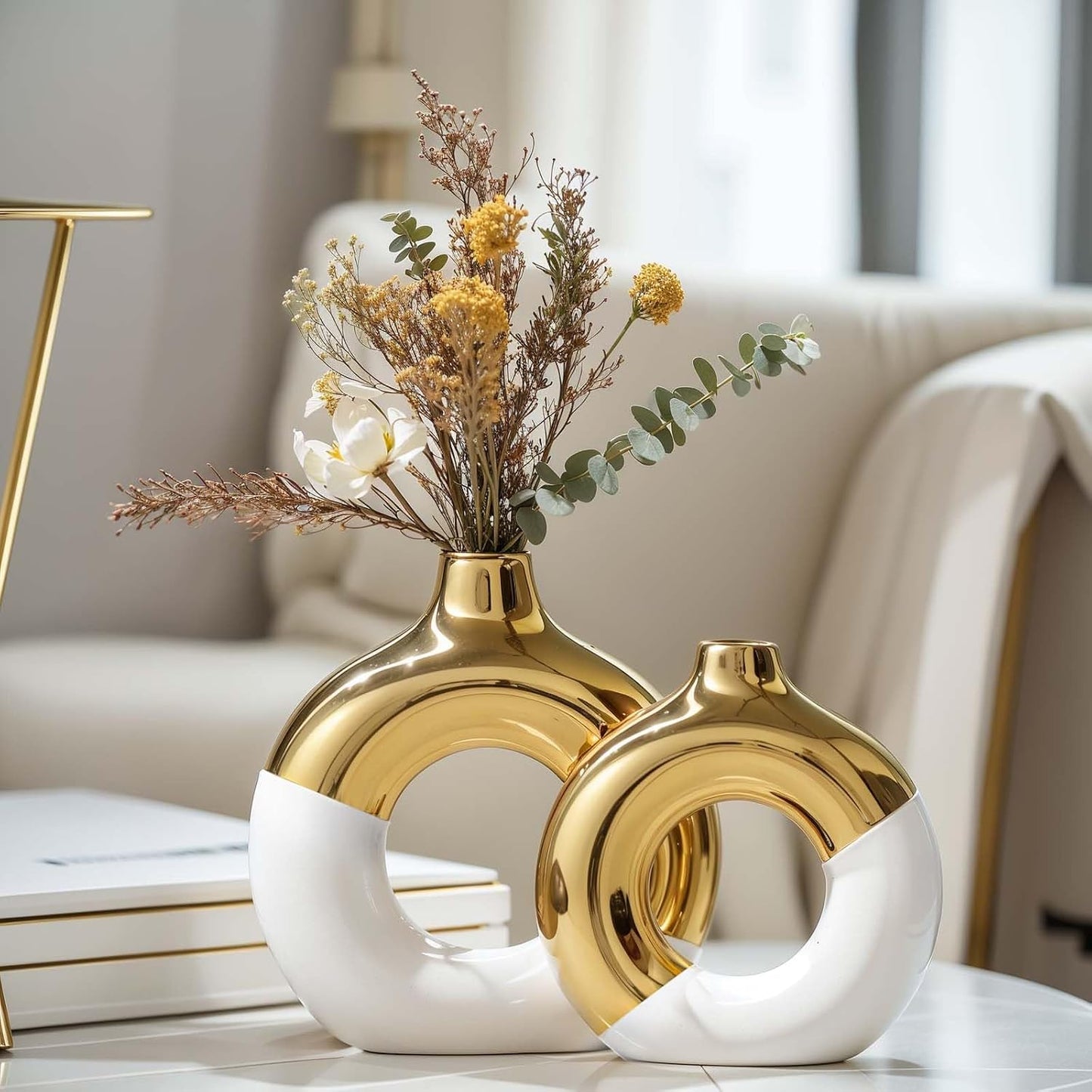 Gold Ceramic Vase / White / Set of 2