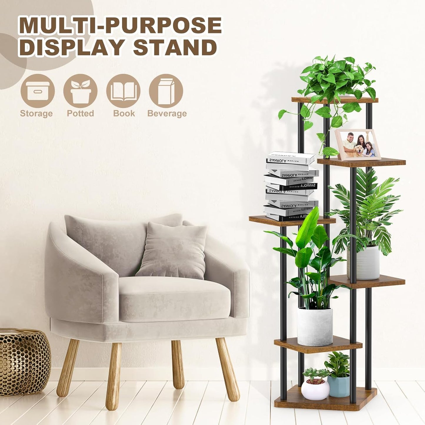 6 Tier Plant Stand Indoor, Thickened Metal Wood Corner Plant Shelf Stands for Multiple Plants, Indoor Tall Plants Stand