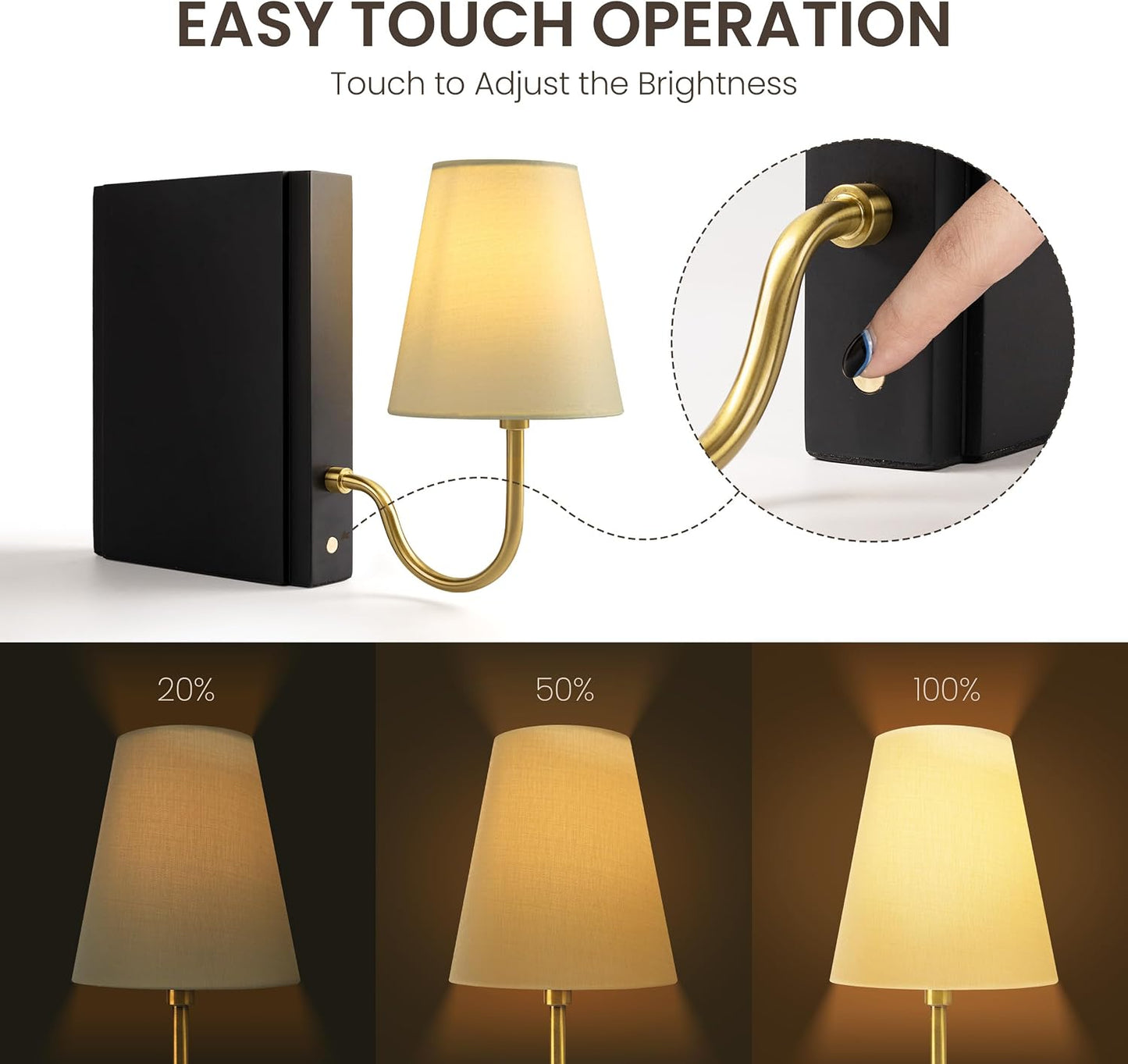 Solid Wood Bookshelf Lamp with Bulb, Cordless Rechargeable Touch Dimmable Table Lamp with Linen Fabric Shade, Modern