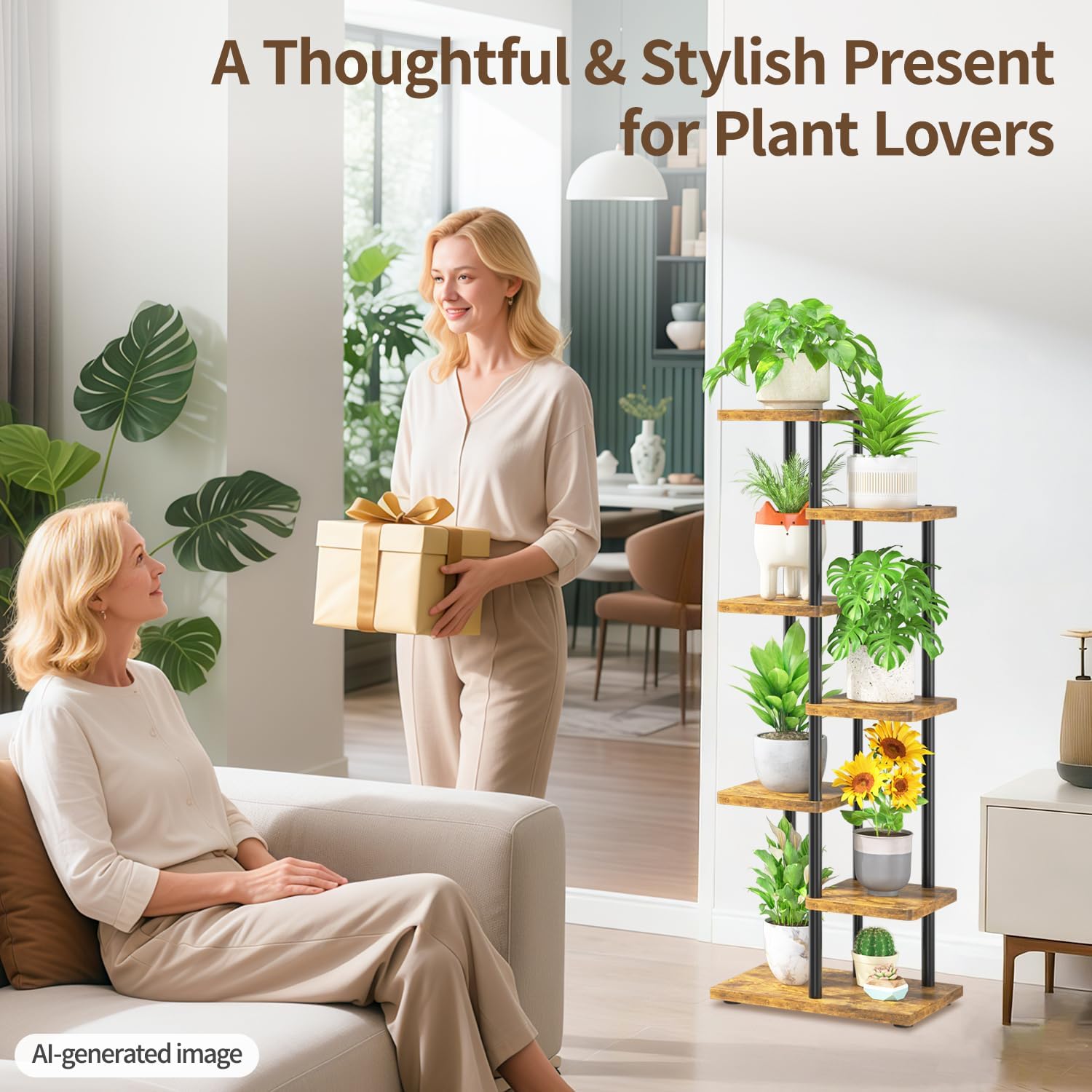 LASZOLA Plant Stand Shelf Tall for Indoor Corner, 6 Tier Wood Brown | Heavy Duty Multi Level Vertical Flower Rack for