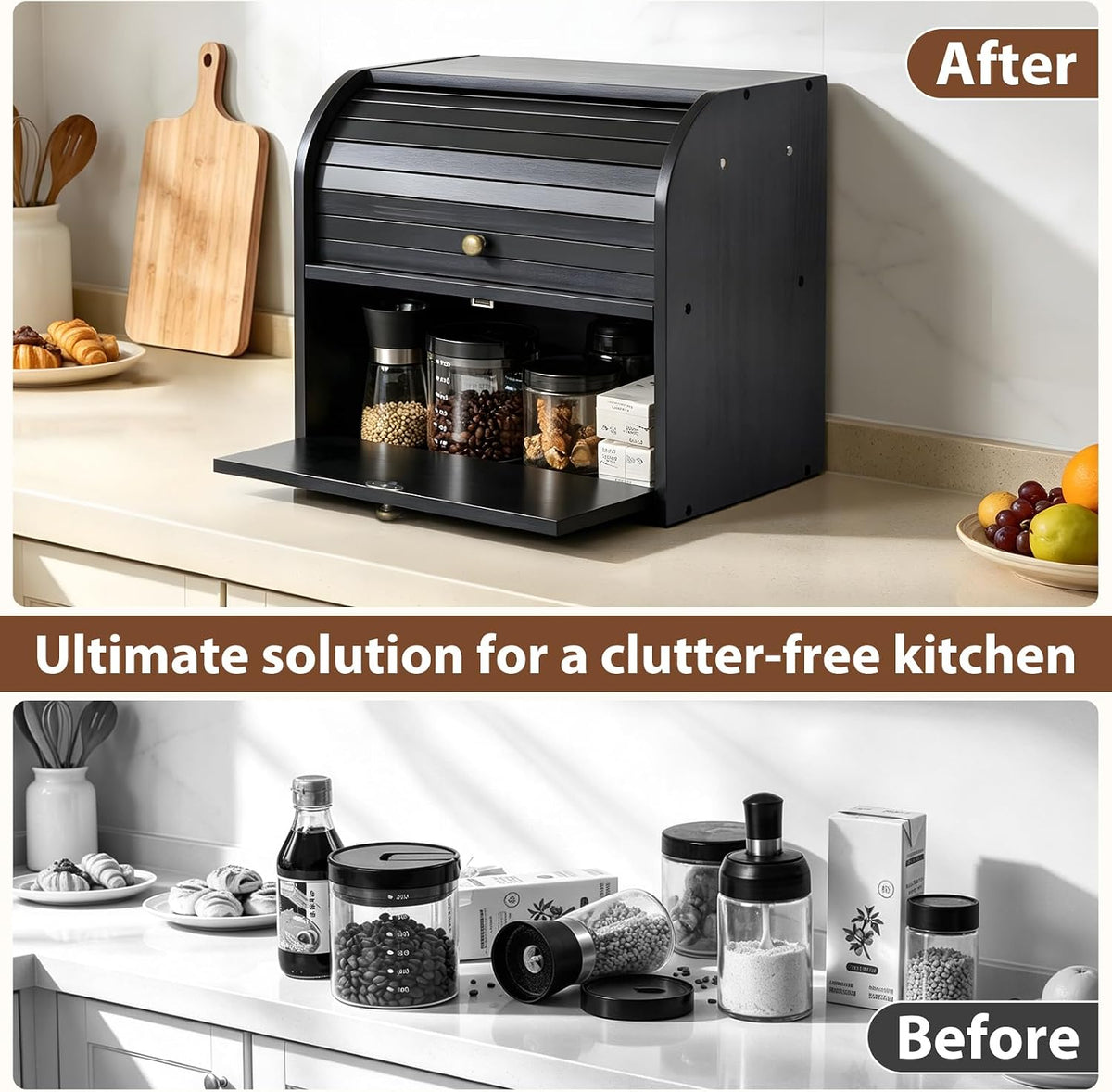 Sunhoo Wooden Bread Box for Kitchen Countertop, Roll Top Breadbox, Black | Large Double Layer Pantry Container, Solid