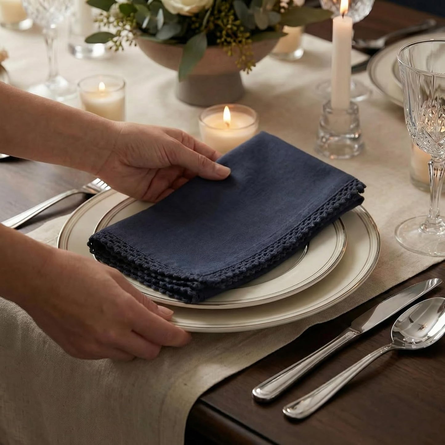 ACCENTHOME Navy Cloth Napkins Set of 12 18x18 inch Cotton Dinner Napkins - Washable Soft Premium Hotel Quality Reusable