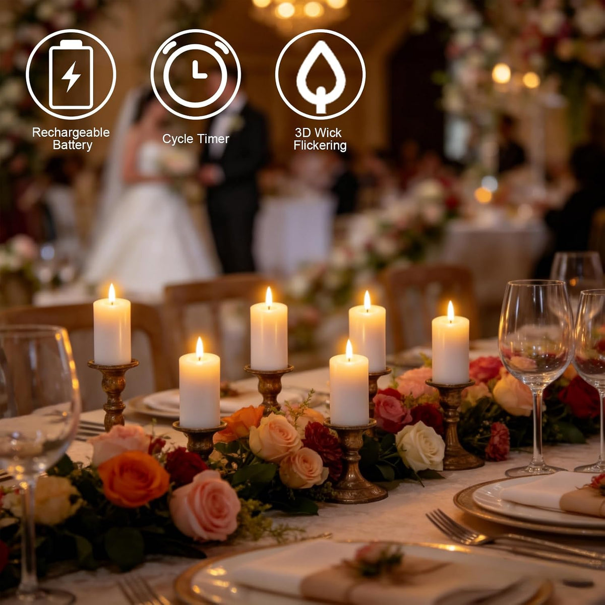 4.5" Rechargeable Flameless LED Pillar Candles with 10-Key Remote and Timer, 6 Pack White Real Wax 3D Wick Flickeing