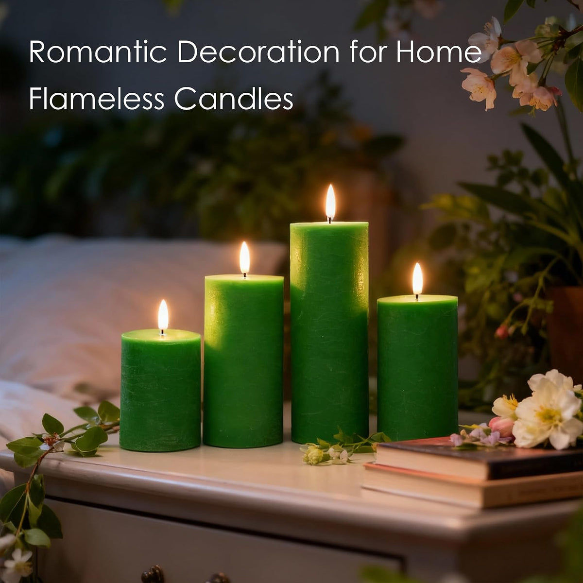 LUSHARBOR Green Flameless Candles, 4 Pack Battery Operated Candles for St. Patrick’s Day, Real Wax LED Fake Candles for