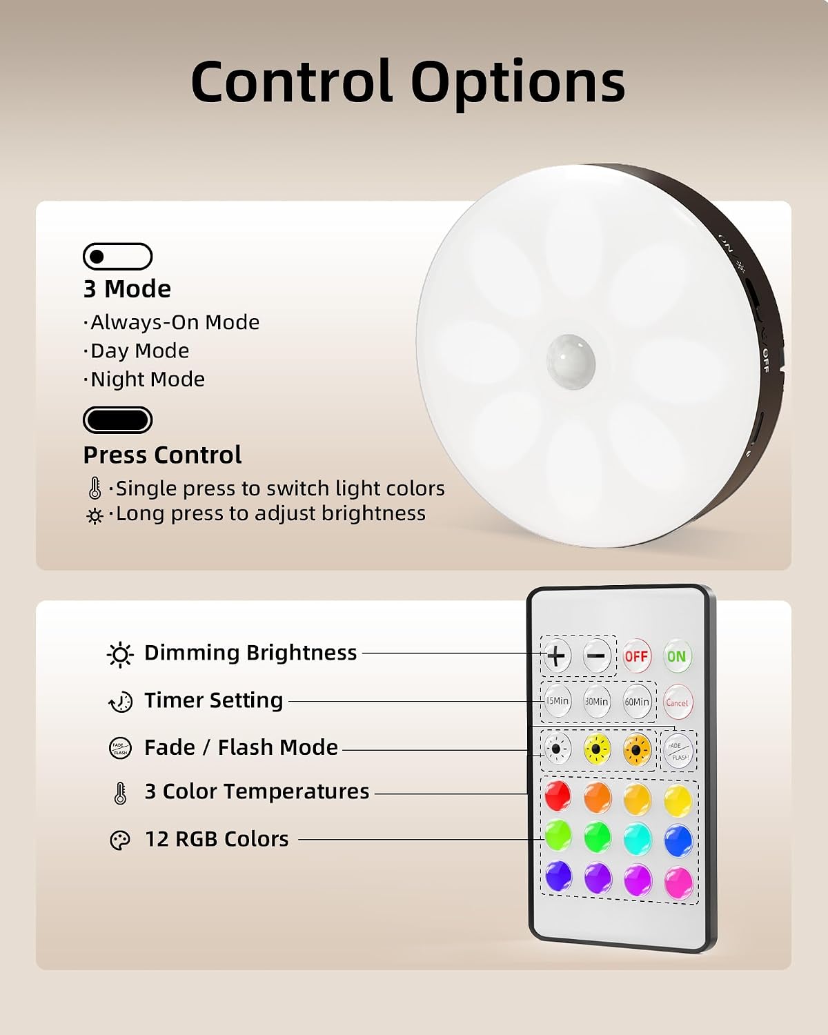 EZVALO RGB Under Cabinet Puck Lights with Remote, Motion Sensor Lights | Matte Black, 6-Pack with Remote, Rechargeable